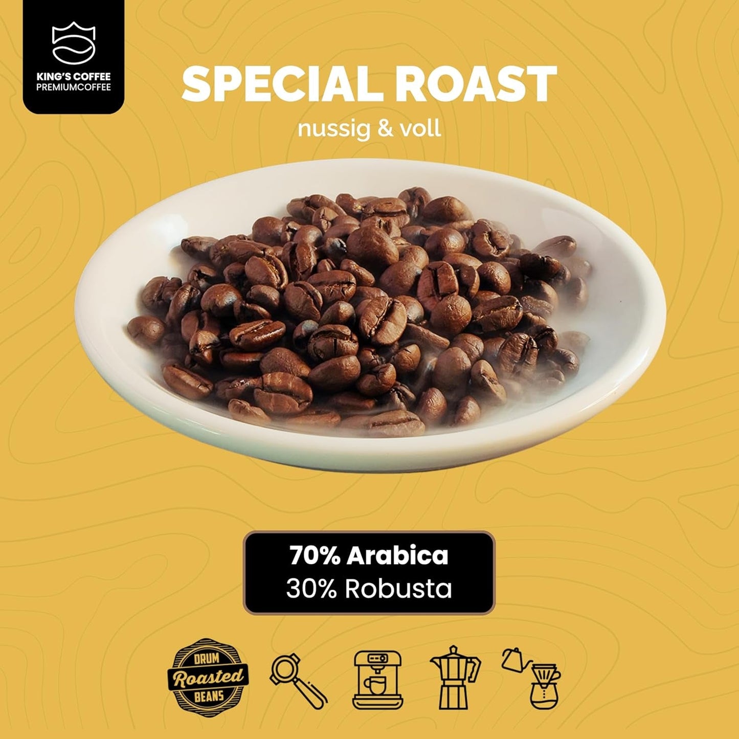 KING'S COFFEE - TOSTADO ESPECIAL - 1 kg de granos de espresso Barista Premium - Café de baja acidez - Tostado en pequeños lotes en Italia - La mejor mezcla de Arábica y Robusta para máquinas totalmente automáticas y con portafiltro