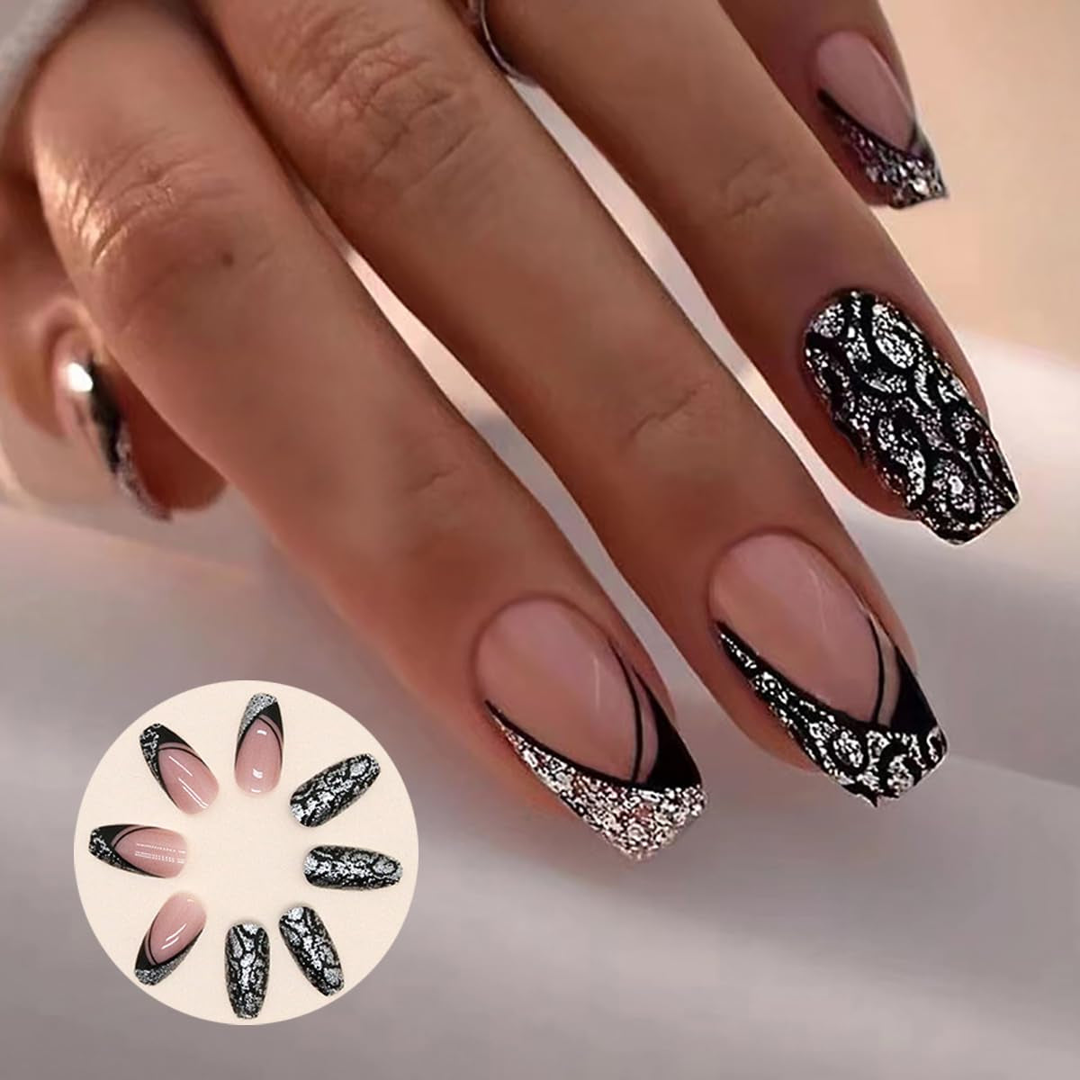 Uñas artificiales con purpurina Natural, prensa corta sobre uñas acrílicas autoadhesivas con purpurina para mujeres y niñas, accesorios para decoración de uñas, 48 ​​Uds.