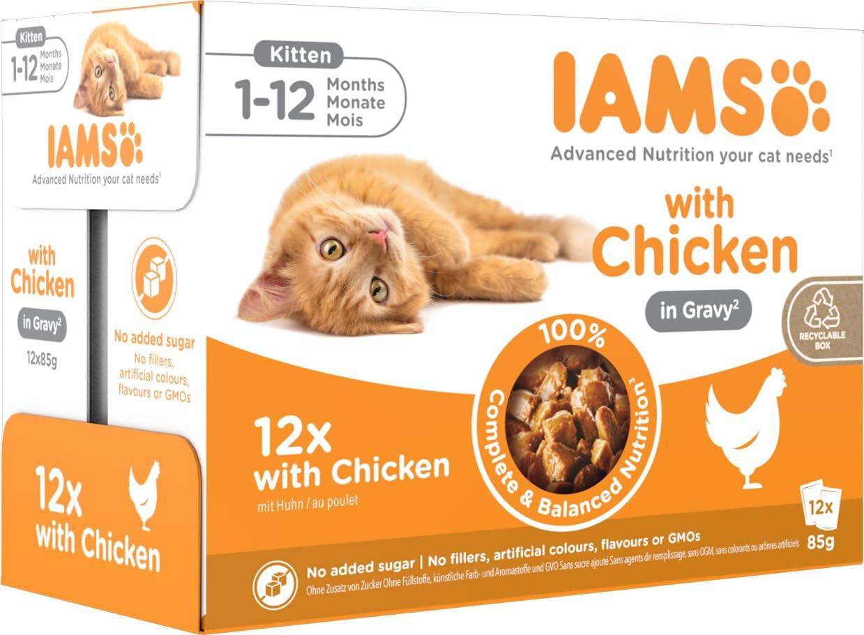 IAMS Delights Kitten Nassfutter - Multipack Katzenfutter mit Hunn in Sauce, Futter de alta calidad para niños pequeños de 1 a 12 meses, 12 x 85 g