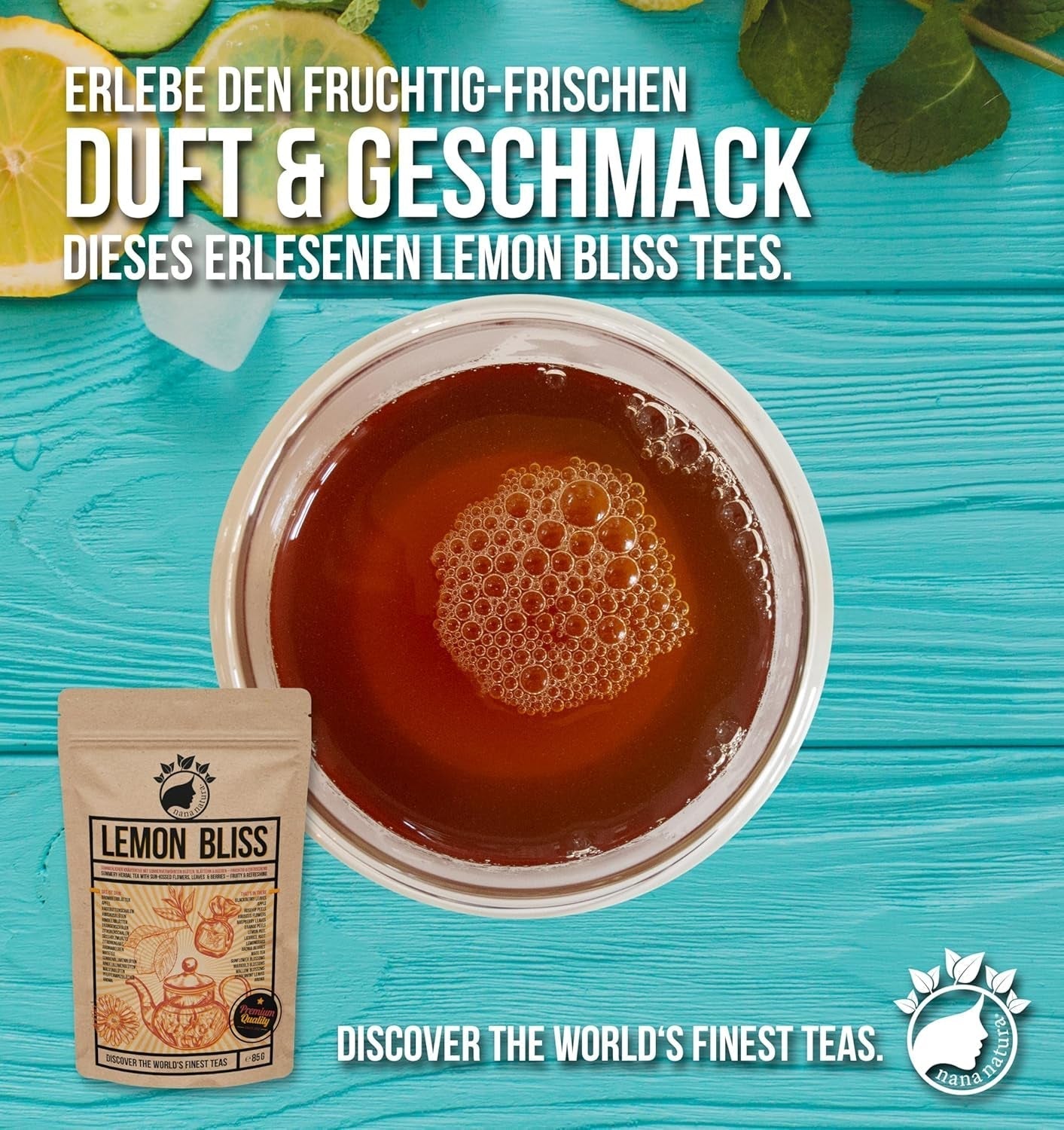TÉ DE LEMON BLISS Original de Nananatura 85G | Té de hierbas de verano afrutado y refrescante | Como té frío, té helado o caliente clásico | Con flores, hojas y bayas maduradas al sol | sin azúcar