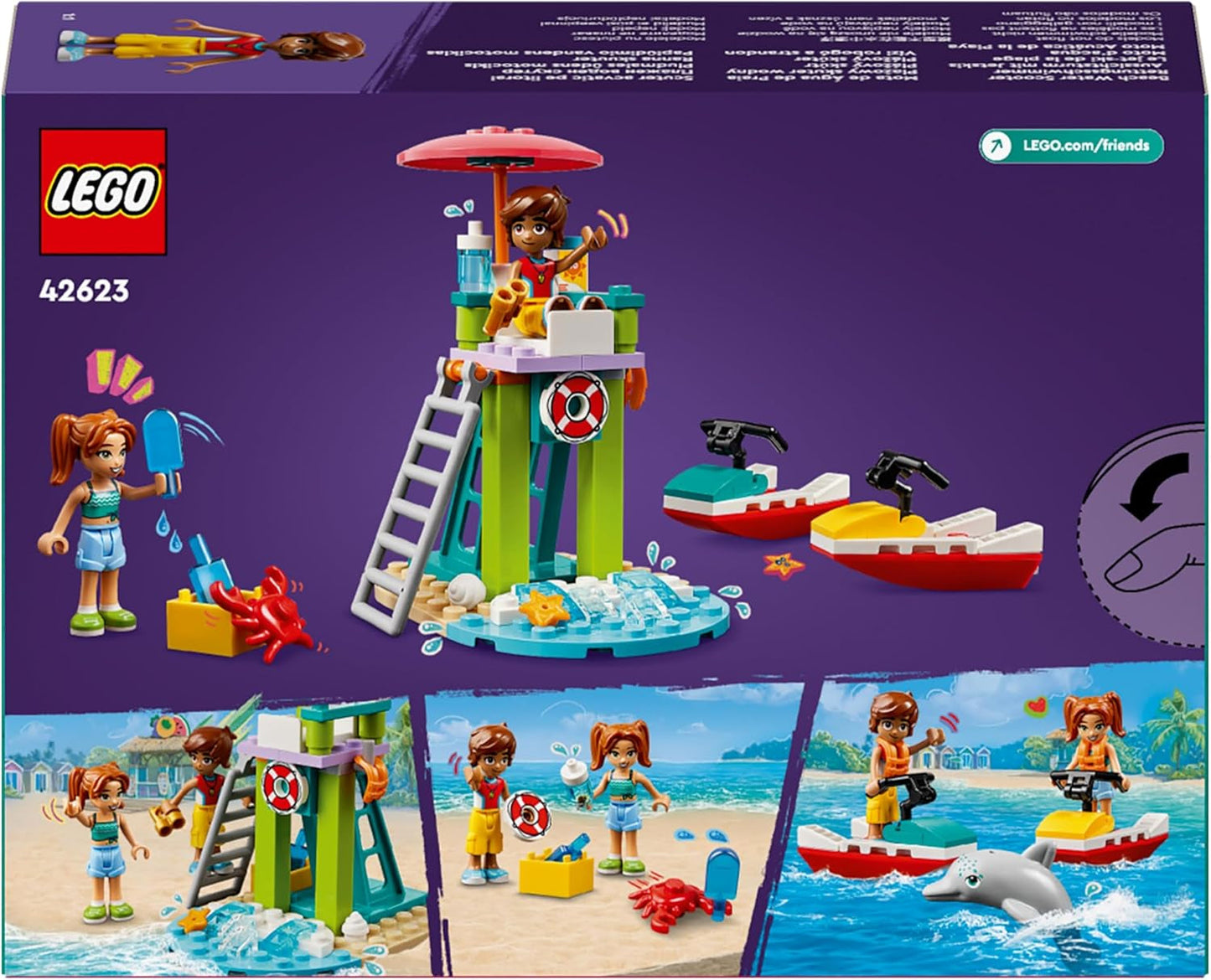 LEGO Friends Torre de observación de salvavidas con motos de agua, juguete para niños, idea de regalo para niñas y niños a partir de 5 años con 2 figuras y un delfín, juguete de moto de agua 42623 Juegos de construcción Besuche den LEGO-Store