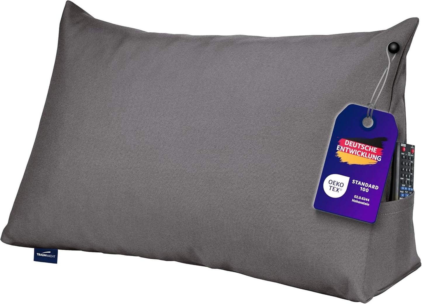 Almohada de lectura Traumnacht Cosy Back Cushion, 70 x 40 cm gris oscuro, funda desenfundable y lavable de 100% poliéster, práctico bolsillo lateral, certificado Öko-Tex, fabricado según los estándares de calidad alemanes