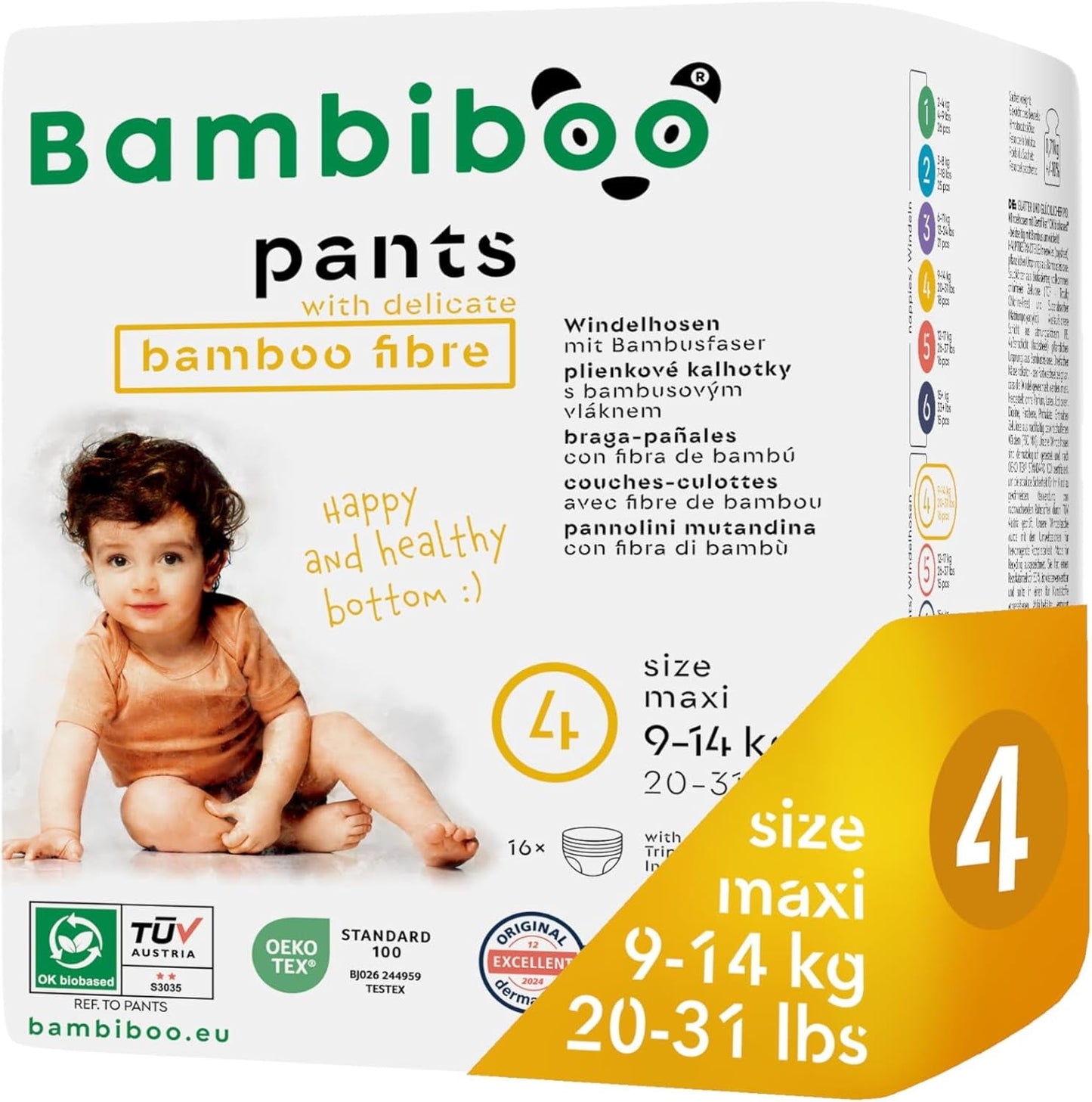 Bambiboo Pañales Desechables, Respetuosos con la Piel, Fibra de Bambú Fina - Bragas para Pañales para Bebé - Fundas para Pañales Desechables - Protección para la Piel Sensible - Altamente Absorbente - Talla 4 (Maxi), 16 Piezas