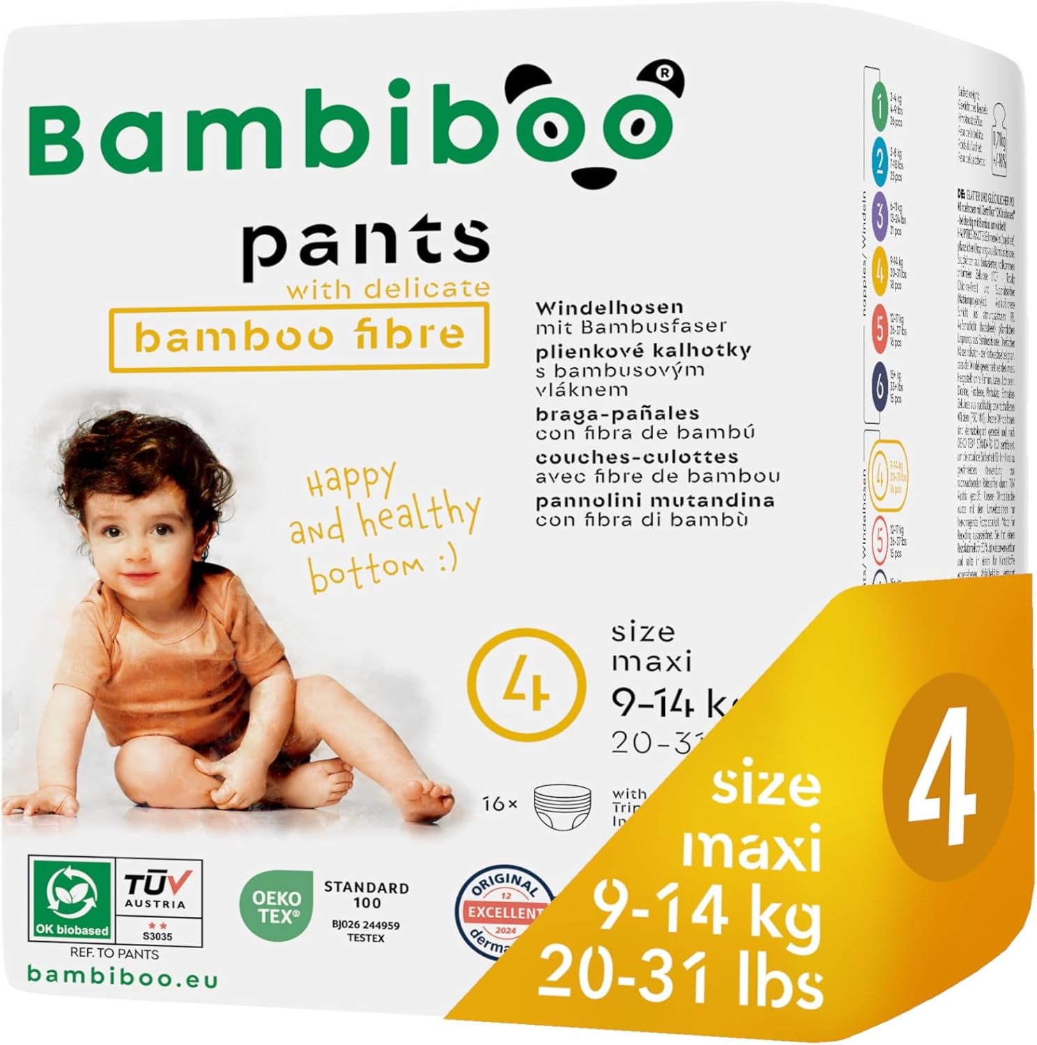 Bambiboo Pañales Desechables, Respetuosos con la Piel, Fibra de Bambú Fina - Bragas para Pañales para Bebé - Fundas para Pañales Desechables - Protección para la Piel Sensible - Altamente Absorbente - Talla 4 (Maxi), 16 Piezas