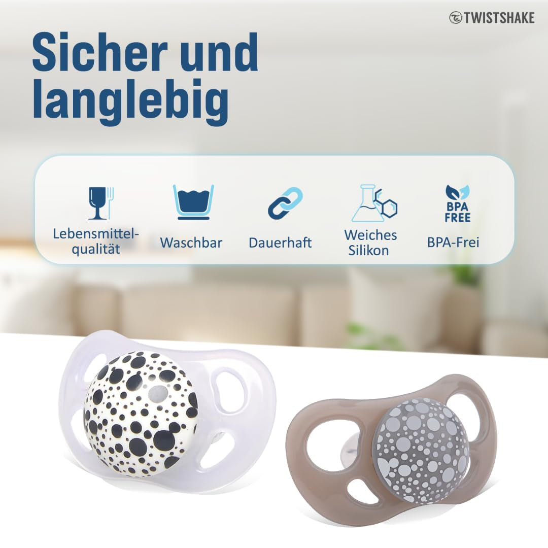 Chupetes para bebé Twistshake - Paquete de 2 | Forma de ortodoncia | Ultraligero | Tetina de silicona suave | Sin BPA | Apto para bebés a partir de 6 meses | Blanco grisáceo