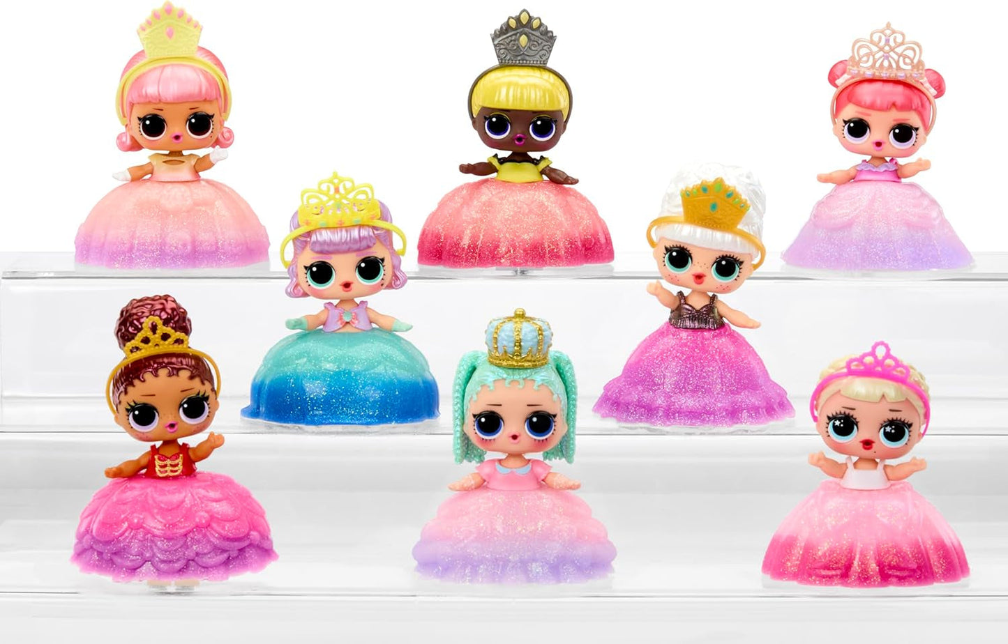 Jajaja ¡Sorpresa! Princess Tots: incluye 1 muñeca, embalaje blindado, 2 pinturas para crear un vestido de princesa, 8 muñecas para coleccionar.