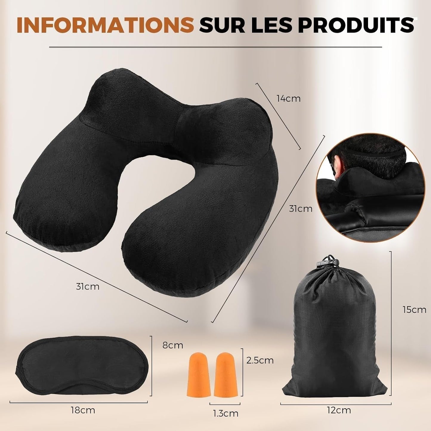 Almohada de Viaje Inflable, Almohada de Viaje con Antifaz para Dormir + Tapones para los Oídos + Bolsa de Transporte, Súper Ligera y Portátil, Ideal para Avión, Coche, Hogar, Oficina, Negro Naty Shop Almohadas de Viaje
