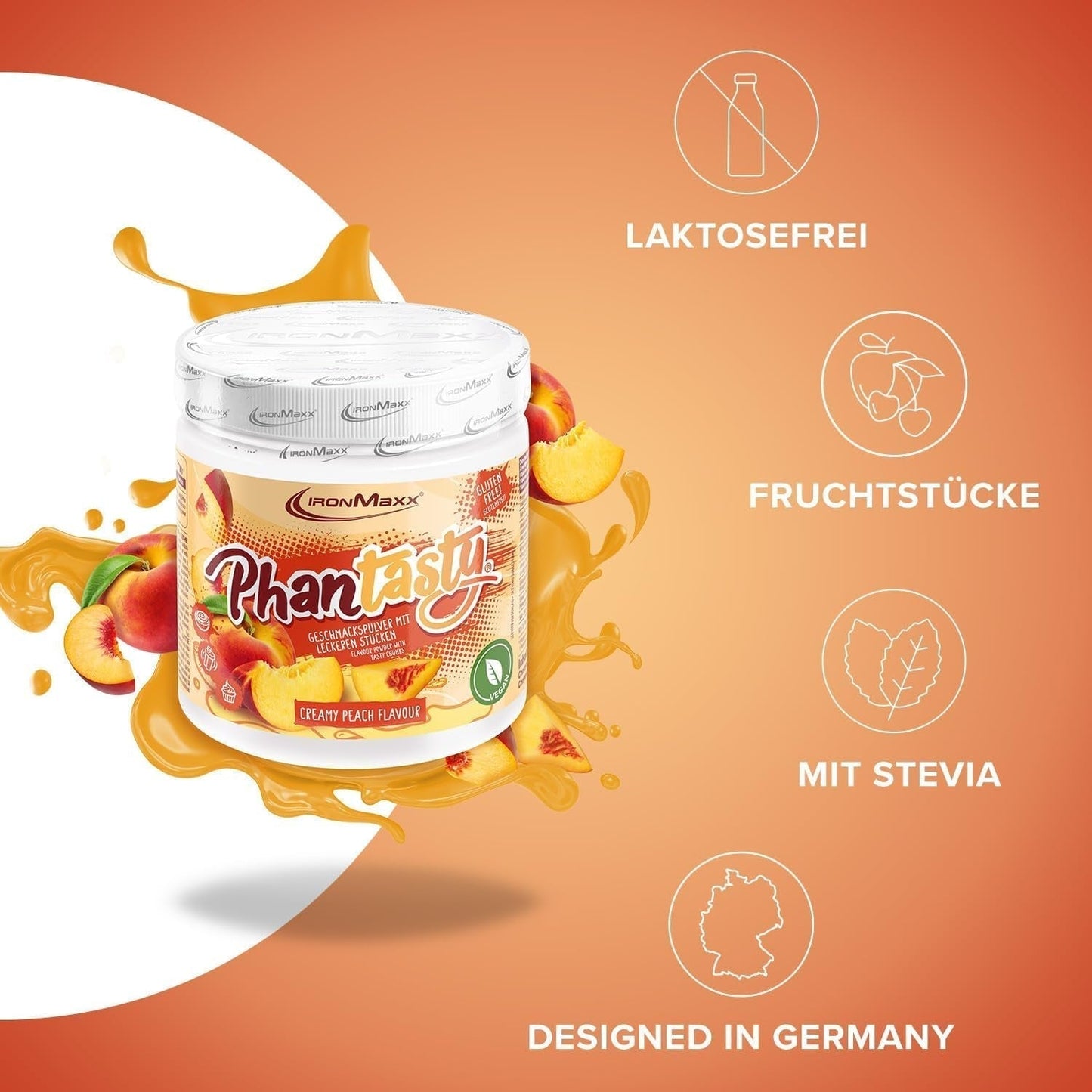 Ironmaxx Phantasty - Melocotón Cremoso Dosis 250G | Vegan Geschmackspulver Mit Echten Frucht- Oder Nussstückchen | Perfekter Zuckerersatz Edulcorantes Naty Shop