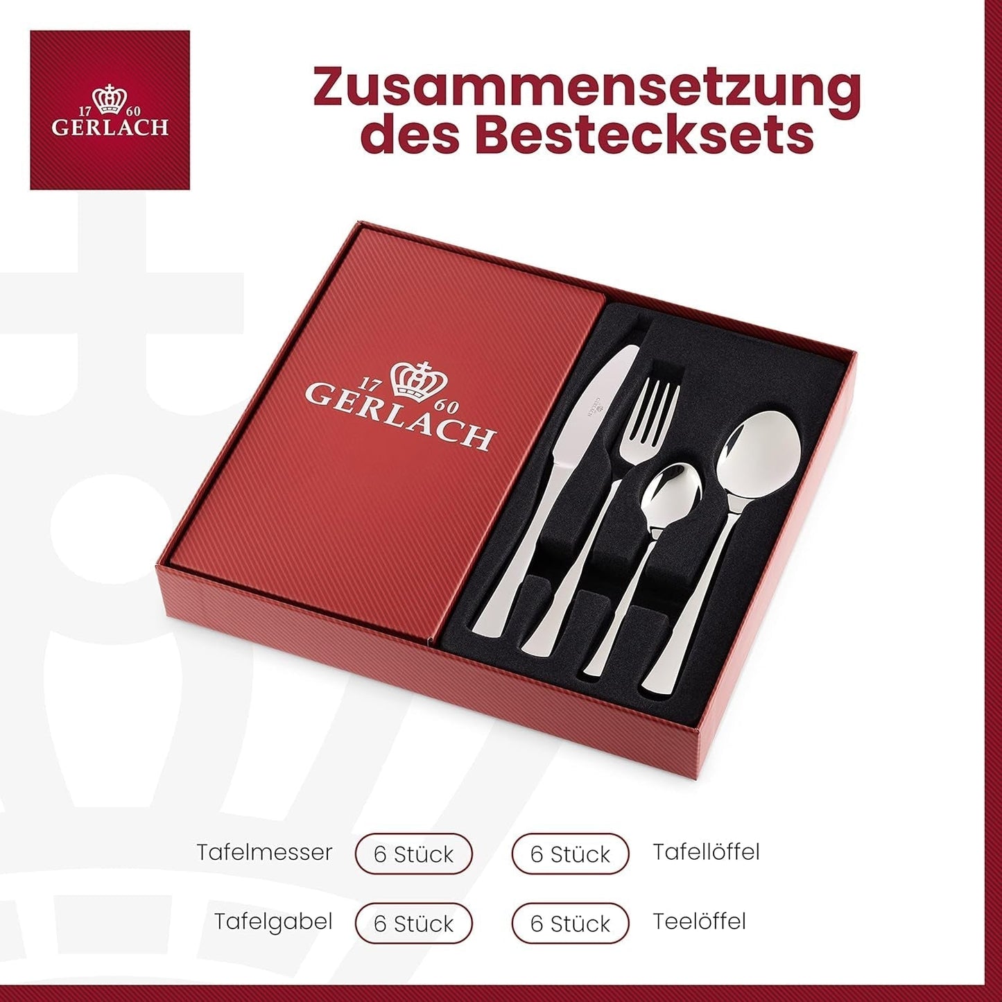 Gerlach 1760 Set Tunea, Cubiertos de acero inoxidable, 24 piezas, 6 personas Cocina Naty Shop