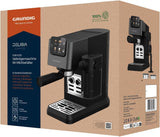 Cafetera espresso con portafiltro GRUNDIG KSM 5330 con depósito de leche integrado, potencia 1628 W, presión de bomba 15 bar, doble boquilla, pantalla táctil a color, BrewSense, CreamyPro, Acero inoxidable oscuro/Negro
