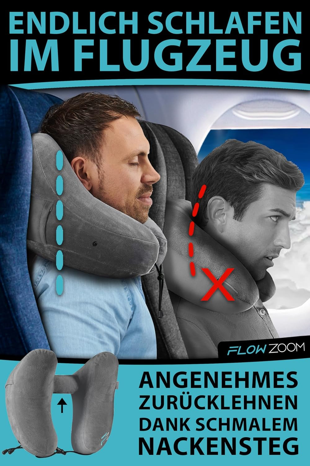 FLOWZOOM AIR Almohada Inflable para el Cuello con Capucha - Almohada para el Cuello de Avión - Almohada de Viaje - Almohada para el Cuello de Viaje Inflable Rápido - Almohada para Avión - Almohada de Viaje - Almohada para el Cuello para Adultos (Gris) Almohadas Ortopédicas Cervicales Naty Shop
