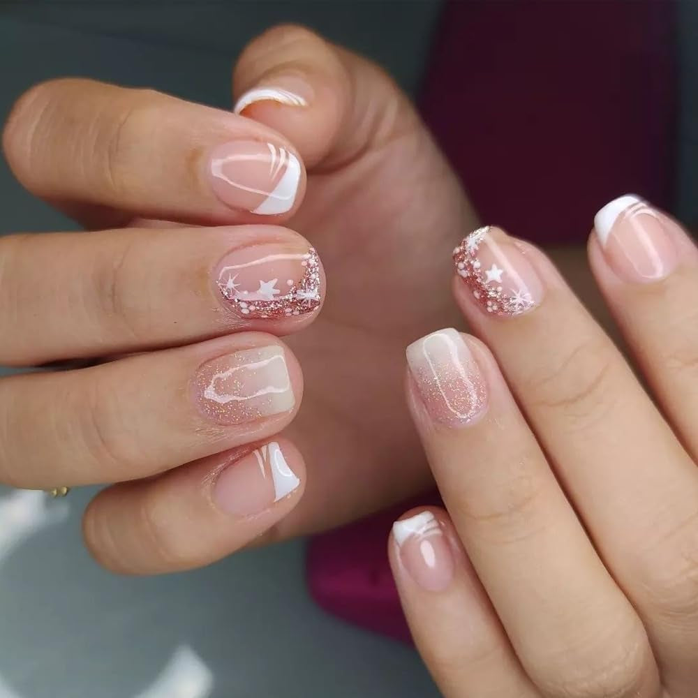 Juego de Uñas Postizas Adhesivas - Uñas Postizas Francesas - 24 Piezas Diseño Cuadrado Corto Blanco Rosa Degradado Uñas Artificiales Manicura Bailarina (Degradado Rosa Corto)