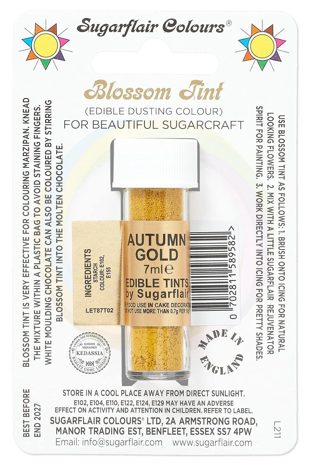 Sugarflair Blossom Tint Dust Colorante alimentario en polvo Otoño dorado - Colorante alimentario en polvo para decoraciones, pasta de azúcar coloreada, fondant, glaseado, chocolate, crema de mantequilla, macarrones - 7 ml