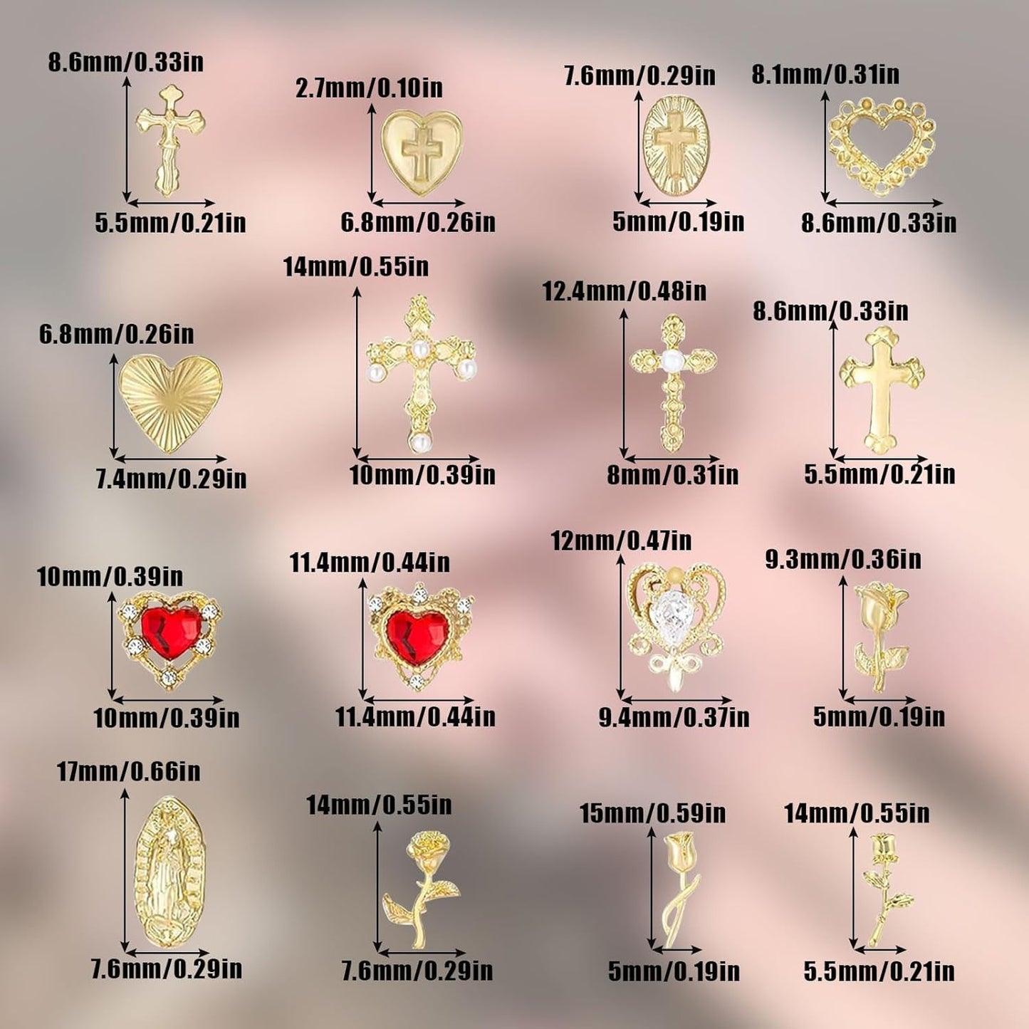 Dijes de uñas dorados, 80 piezas, cruz, corazón de rosa, gemas de uñas de la Virgen María, accesorios de uñas de aleación de metal para decoraciones de diseño de manicura, manualidades DIY