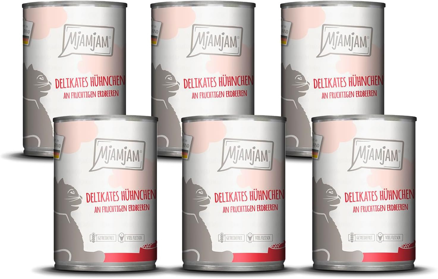 MjAMjAM - Comida húmeda premium para gatos - pollo delicado con fresas afrutadas 400 g, paquete de 6 (6 x 400 g), natural con extra de carne
