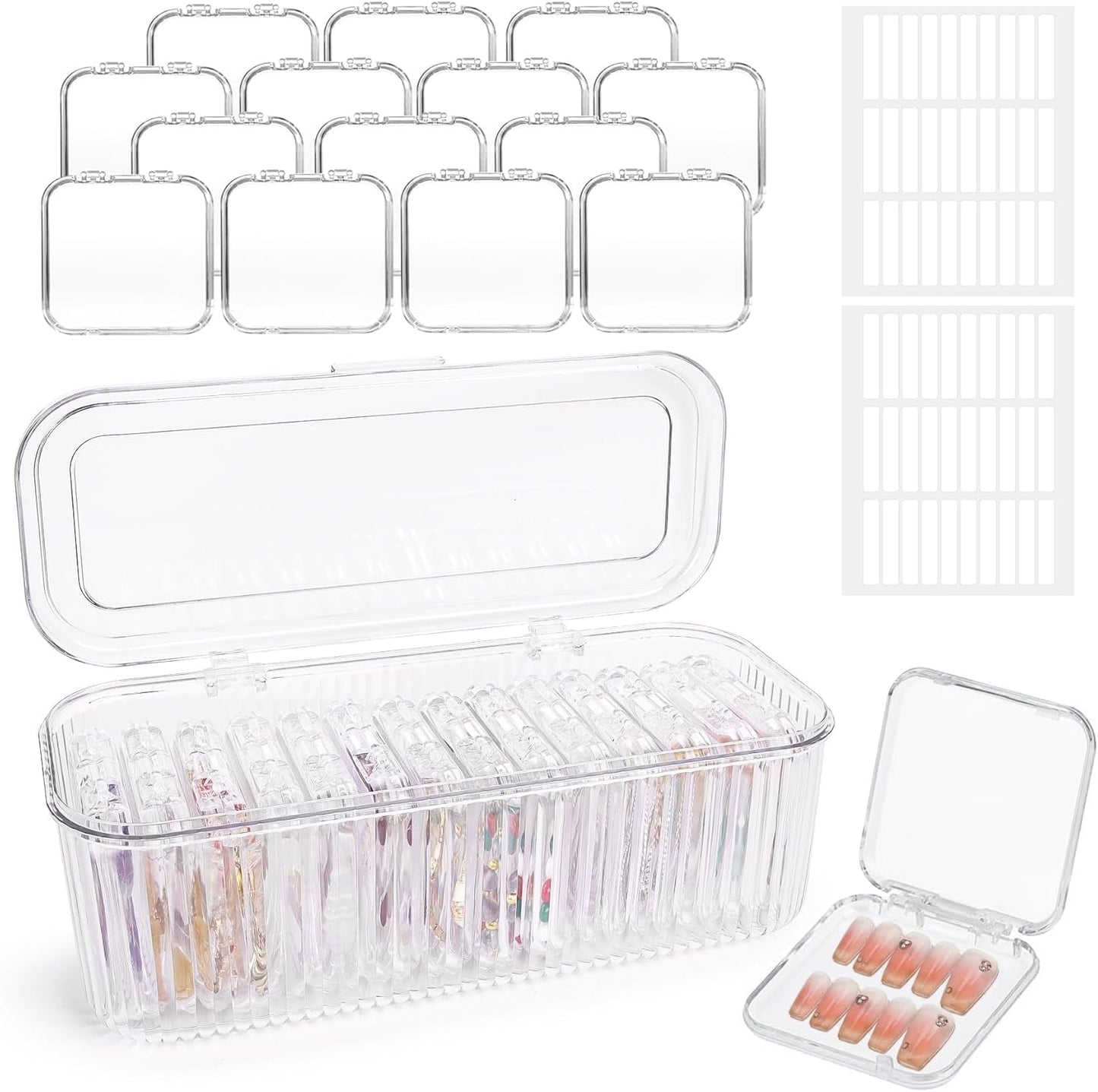 INMORVEN Juego de Cajas de Almacenamiento de Uñas - 14 Cajas de Uñas Transparentes + 1 Caja Grande y 60 Discos Adhesivos - Ideal para guardar uñas postizas, accesorios de uñas de gel y esmalte de uñas (14 piezas en una capa)