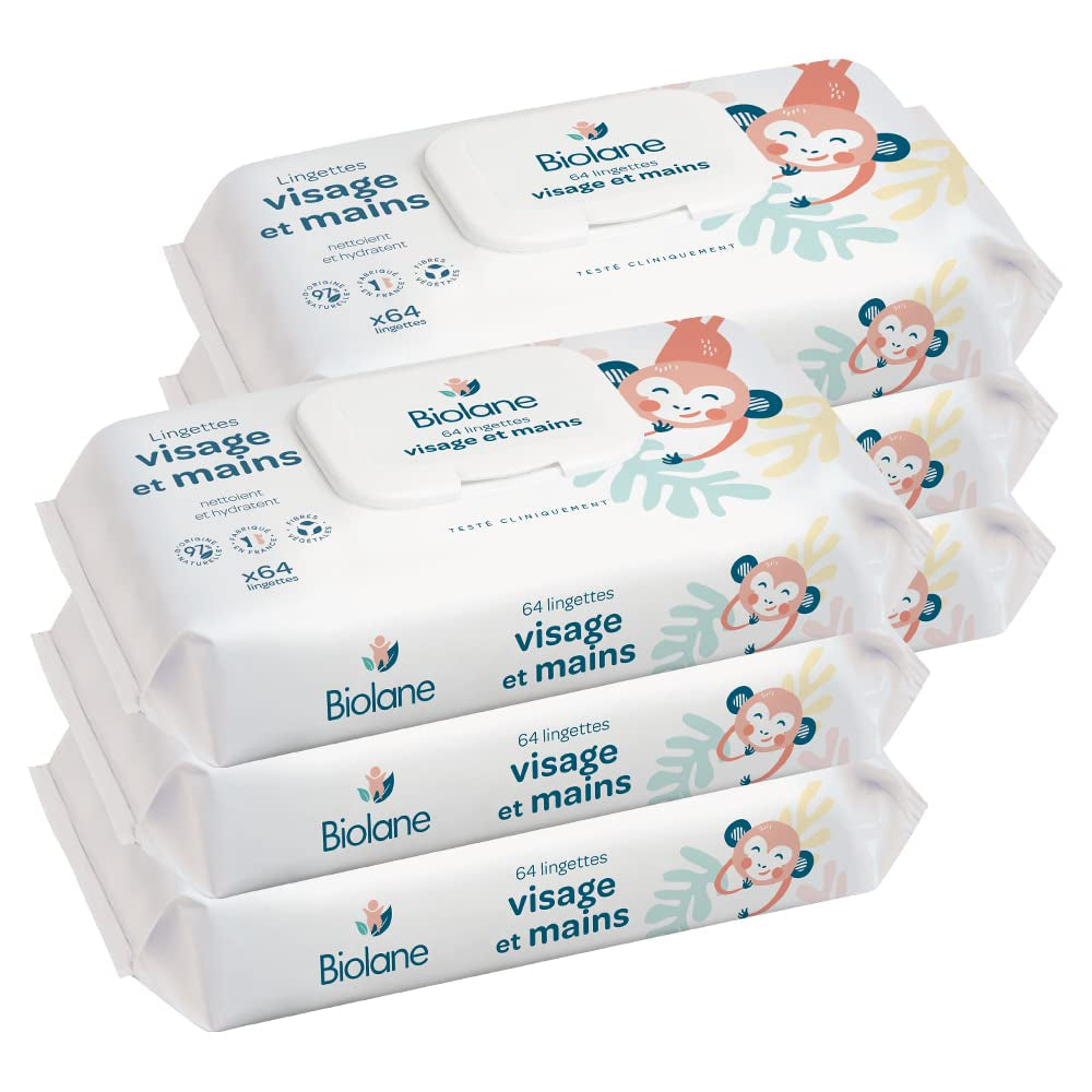 BIOLANE - Toallitas húmedas para bebé para rostro y manos - Paquete de 6 - 384 toallitas (6 x 64 cm) - Limpia y protege - Artículos de tocador - Hipoalergénicas - Para pieles sensibles - 97% de ingredientes naturales - Elaboradas