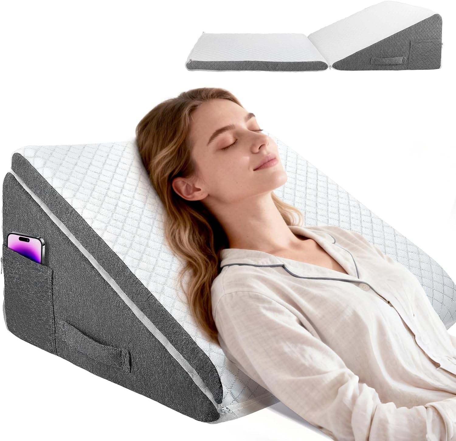 Almohada de plumas para cama y sofá, L50xW50xH26 Almohada de lectura doble con funda lavable, viscoelástica, para roncar y para mayor comodidad en la zona del cuello y la espalda