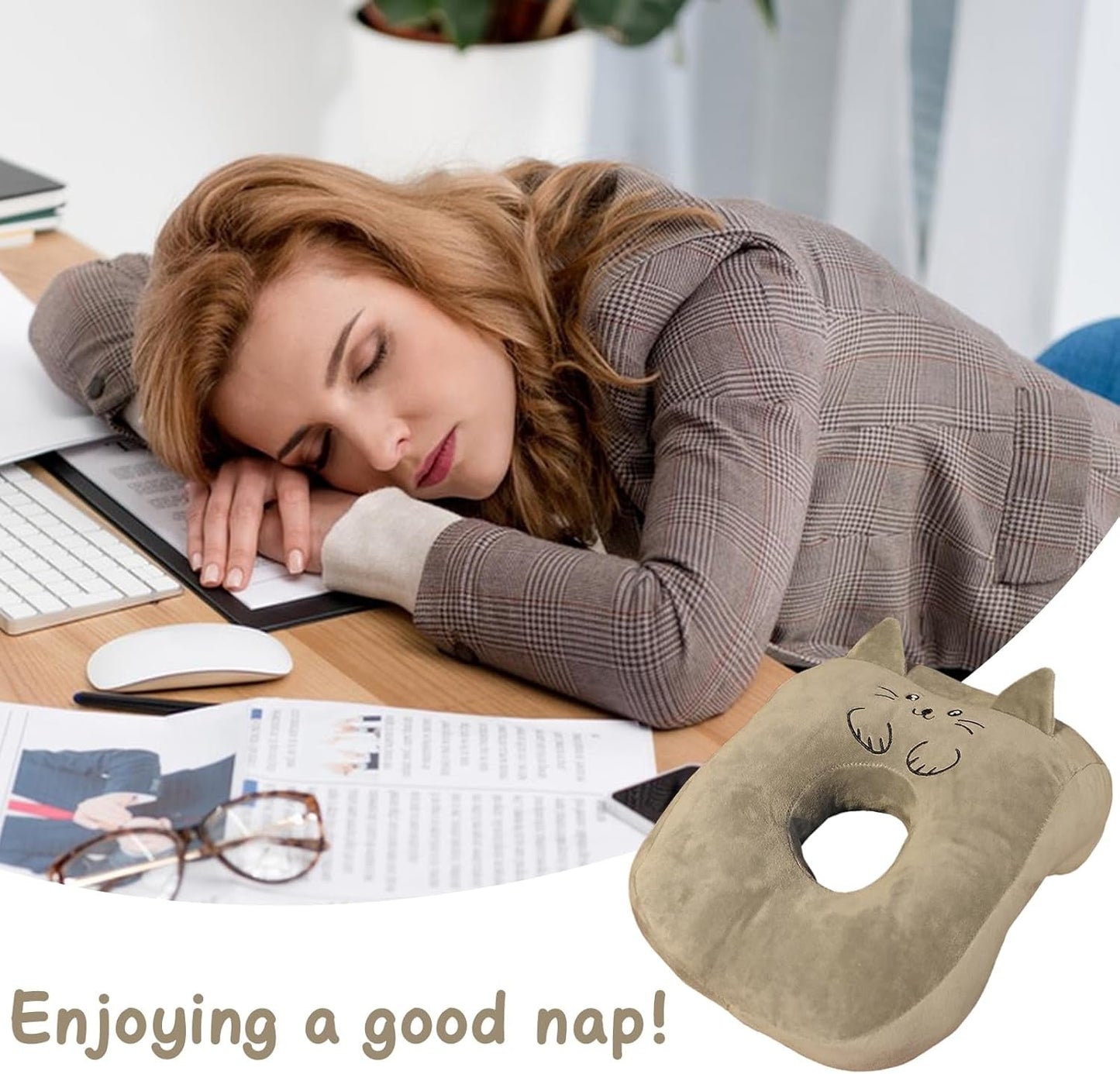 Almohada para dormir de oficina, algodón con memoria, linda almohada con orificio para las orejas, almohada para dormir suave, almohada para dormir de lado, almohada para las orejas para mujeres, niñas y niños (gris gatito) Almohadas ortopédicas cervicales Naty Shop