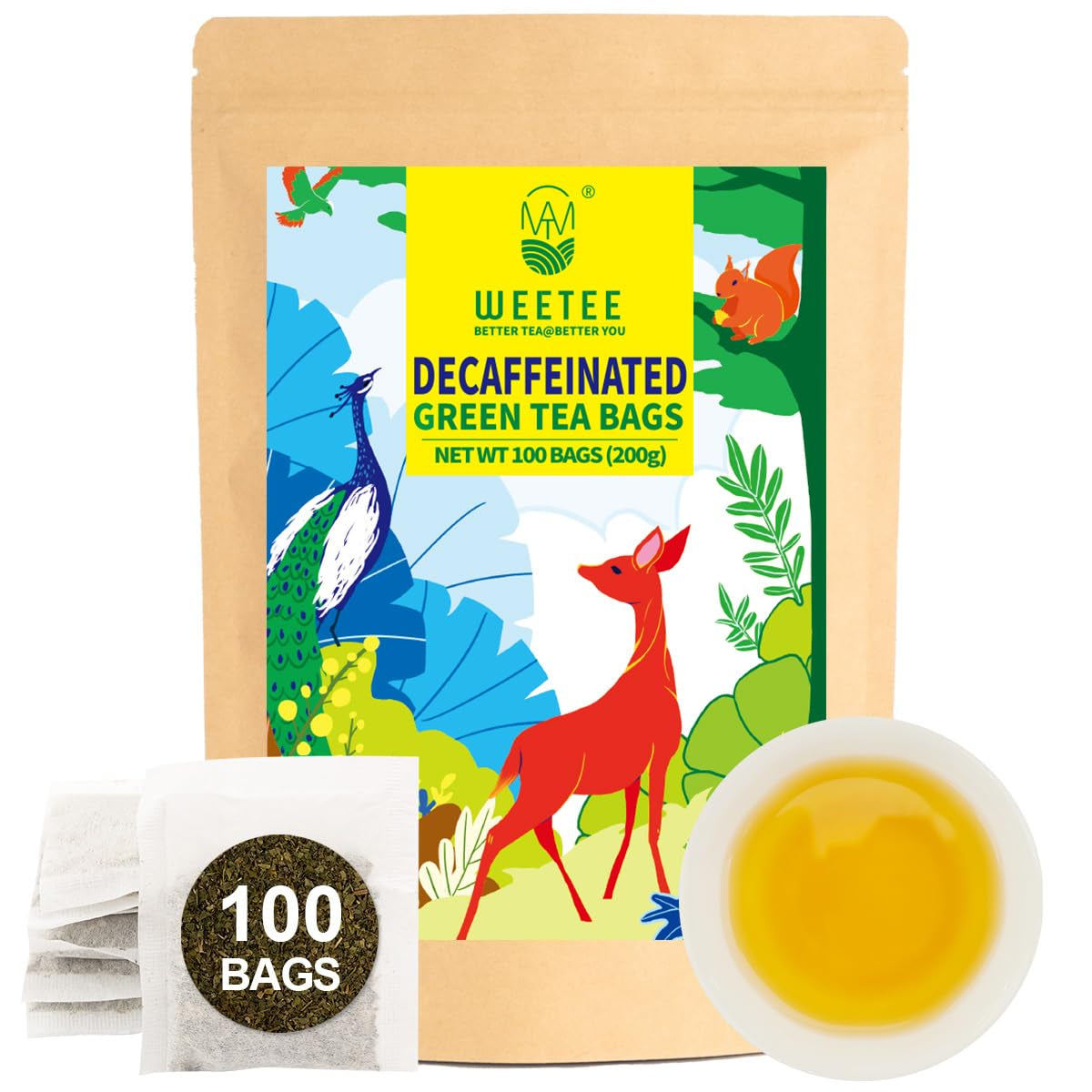 WEETEE Bolsitas de té verde, 100 piezas de bolsitas de té verde, té verde puro, súper antioxidante | Bolsitas resellables | Preparación fría o caliente
