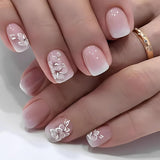 24 piezas de pegamento cuadrado blanco en uñas cortas, patrón floral degradado rosa, uñas artificiales, uñas postizas, uñas cuadradas francesas, uñas artificiales para mujeres