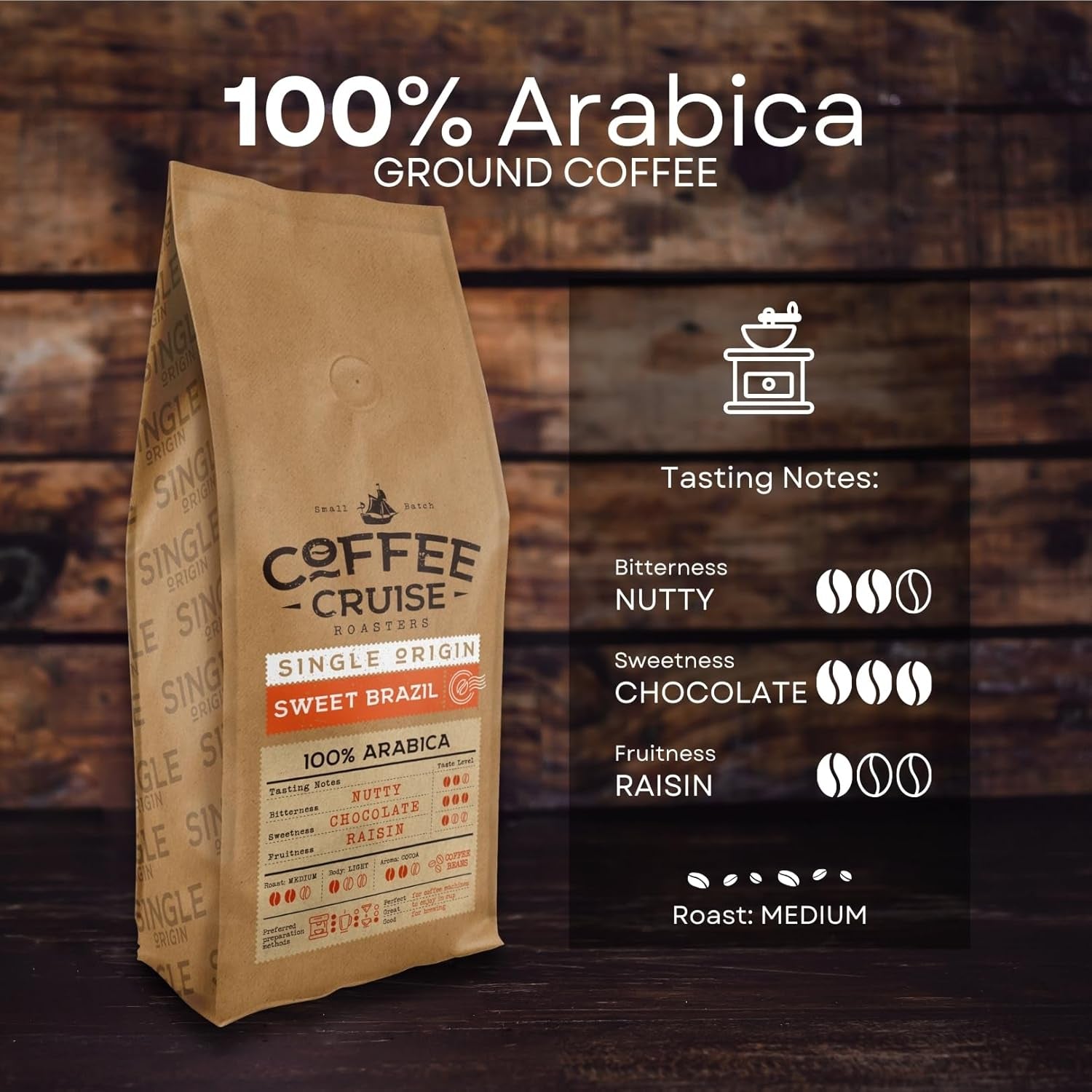 COFFEE CRUISE Sweet Brazil Brasilianische Kaffeebohnen 1kg - Mittlere Röstung - Aroma Kakao und Schokolade - Für All Kaffeemaschinen - 100% árabe