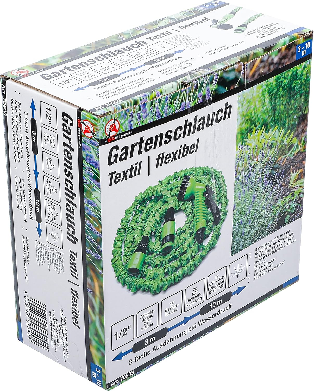 BGS Bricolaje 70903 | Manguera de agua | Textil | Flexibles | con ducha de jardín con 7 funciones | 3-10 metros
