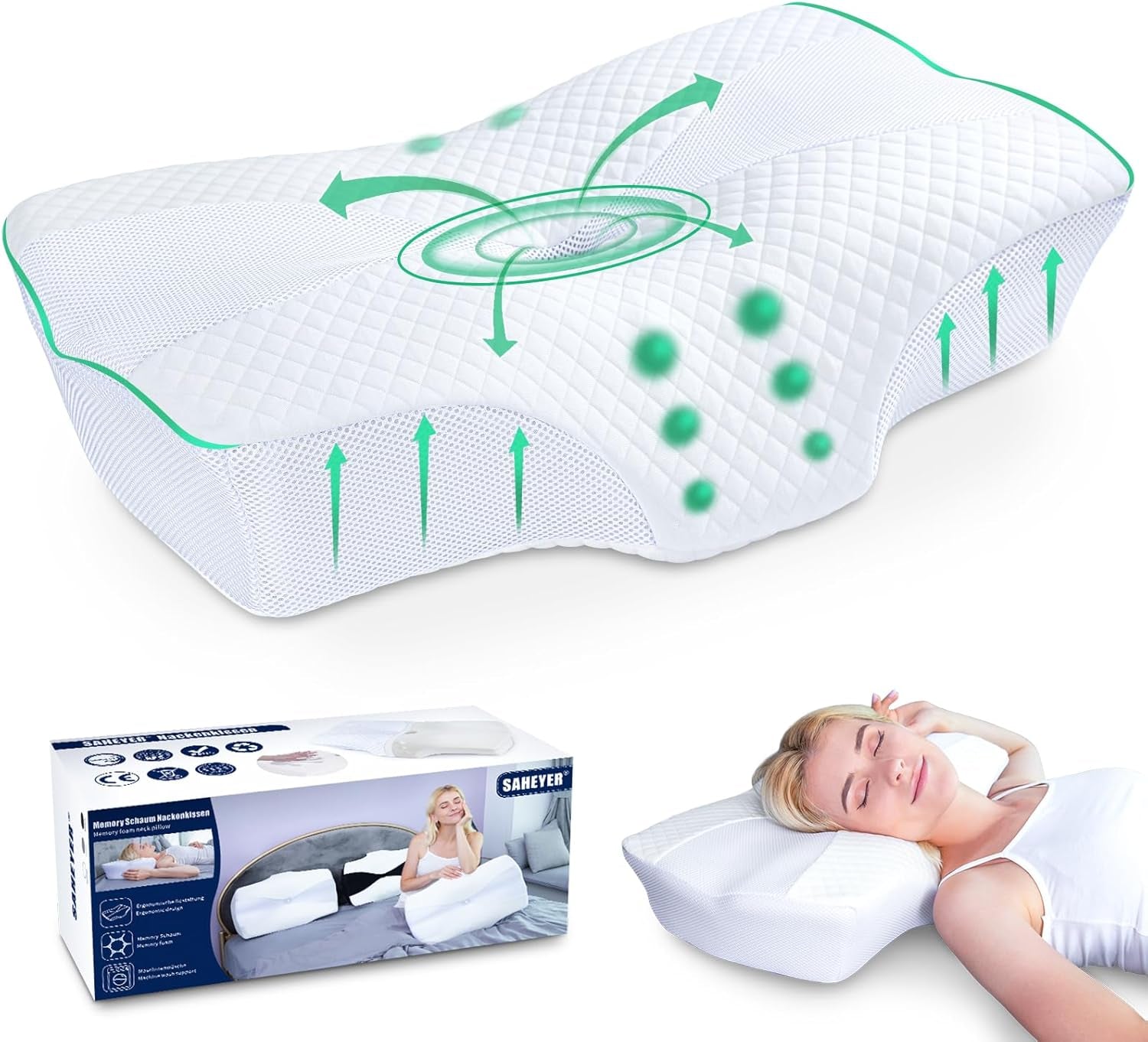 SAHEYER Almohada ortopédica Almohada para el cuello Almohada para la cabeza Almohada ergonómica para el cuello Almohada para dormir de lado 60 X 40 X 13/11 cm Almohada de espuma viscoelástica para dormir de lado Espalda Estómago Almohadas cervicales ortopédicas Naty Shop Blanco perla