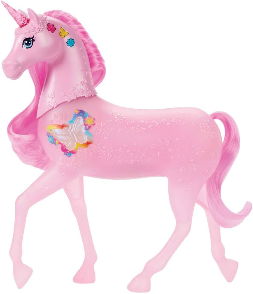 Barbie unicornio que brilla en la oscuridad con 20 combinaciones interactivas de efectos de luz, sonido y música para jugar con presionar un botón y acariciar la cabeza, JCP78