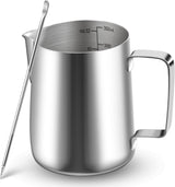 Taza de Leche, Taza de Leche de Acero Inoxidable de 350 ml con Marca medidora, Accesorio de Barista, Taza de Leche para Capuchino, Espresso, Latte Art, Amantes del café, Plata, 355 ml