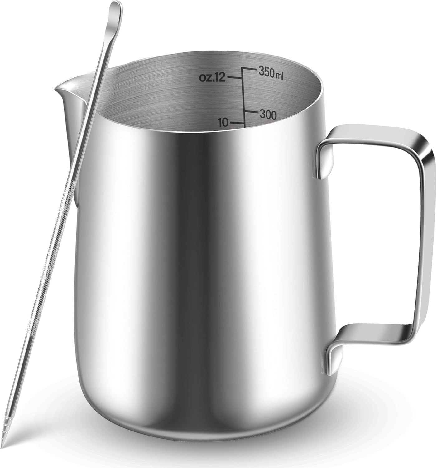 Taza de Leche, Taza de Leche de Acero Inoxidable de 350 ml con Marca medidora, Accesorio de Barista, Taza de Leche para Capuchino, Espresso, Latte Art, Amantes del café, Plata, 355 ml