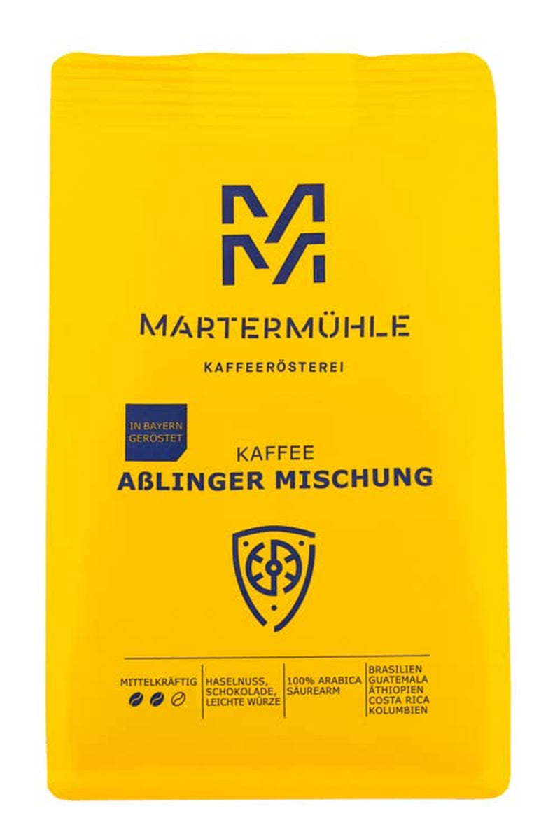 Martermühle Aßlinger Mischung Kaffeebohnen 1kg I Arábica I Sabores: Haselnuss, Leichte Würze, Schokolade I Ganze Kaffee-Bohnen schonend geröstet, säurearm