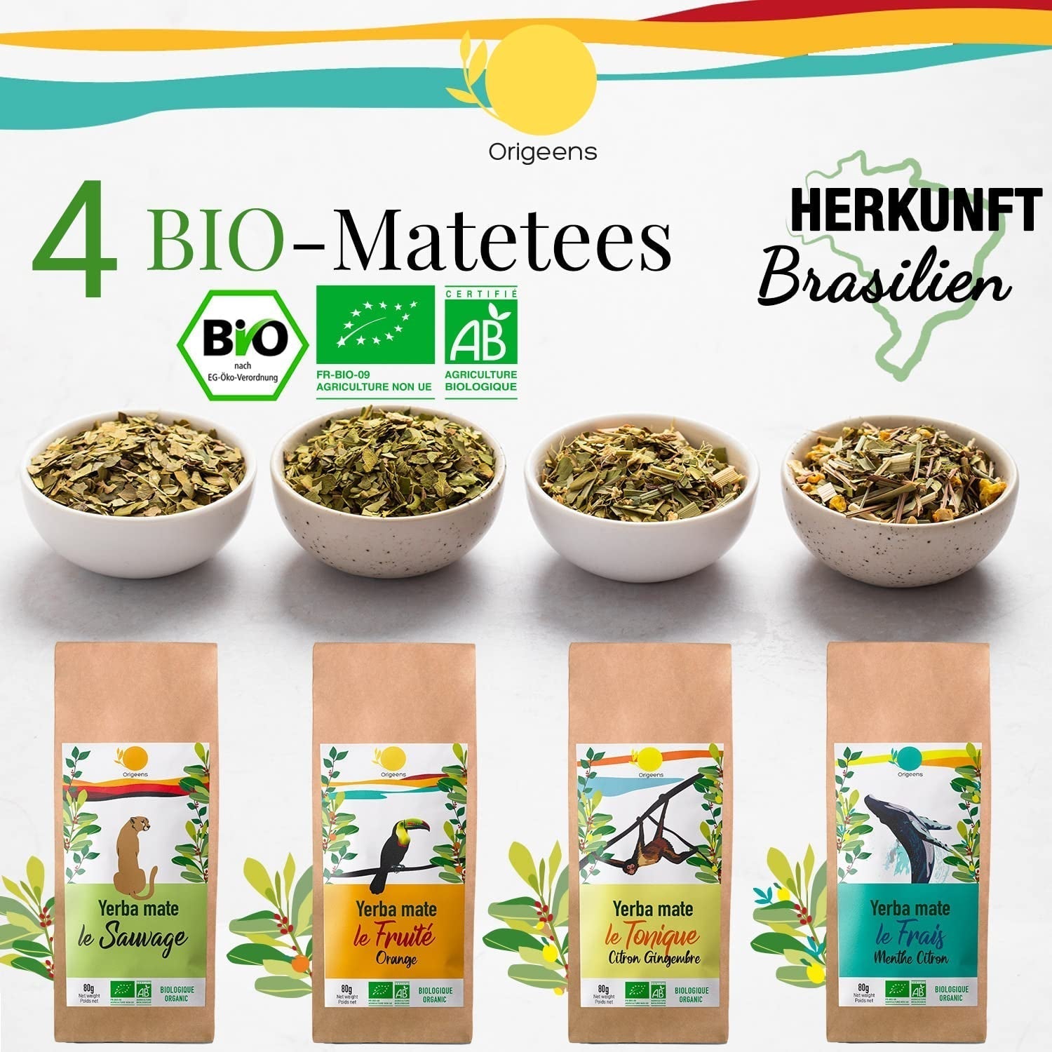 ORIGEENS SET REGALO TÉ BIO MATE X4 I Yerba Mate Bio 4X80G I Set té Yerba Mate, idea regalo