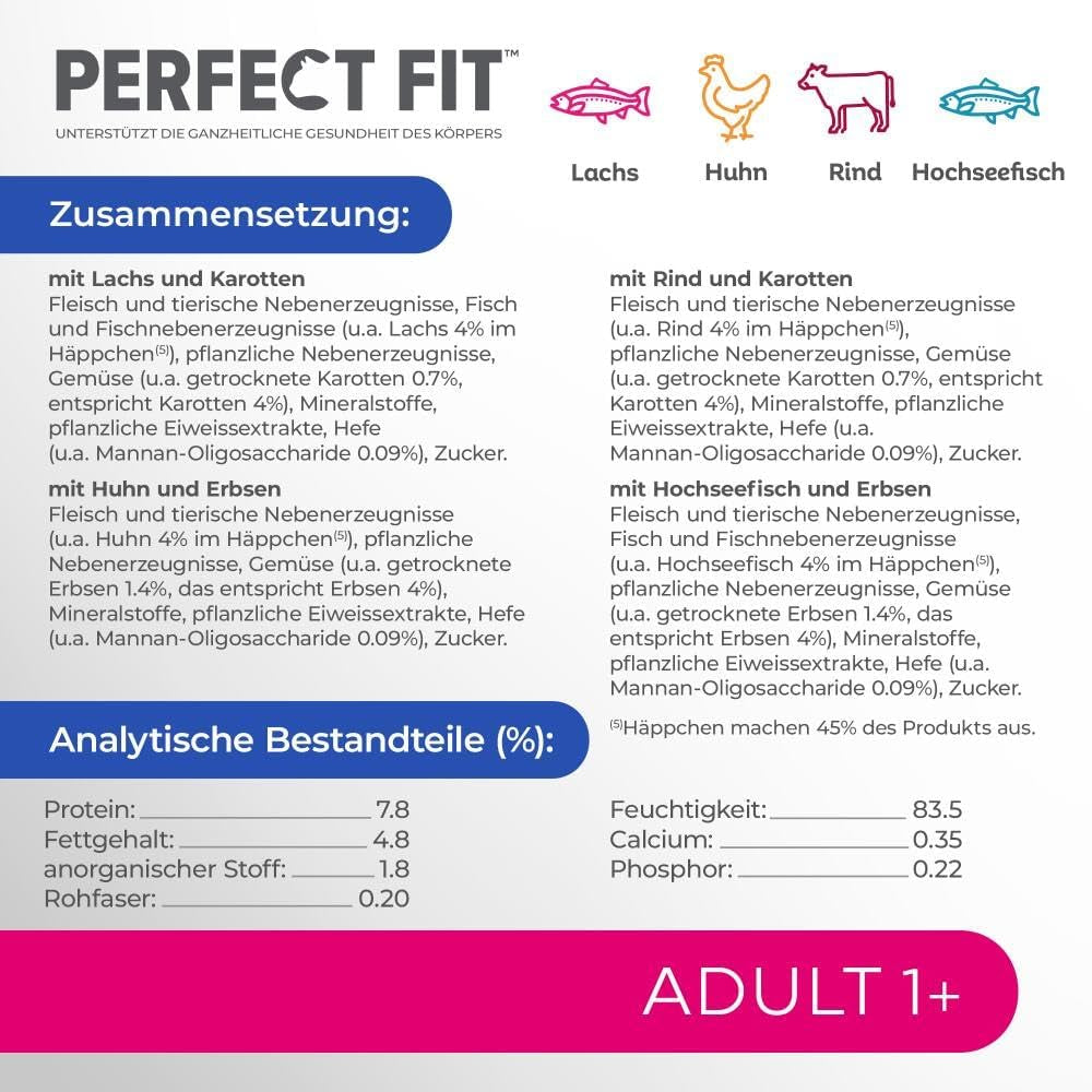 Perfect Fit Adult 1+ selección de comida húmeda con salmón, pescado de aguas profundas, ternera y pollo, 48 sobres, 12x85g (paquete de 4) - Comida húmeda premium para gatos adultos a partir de 1 año