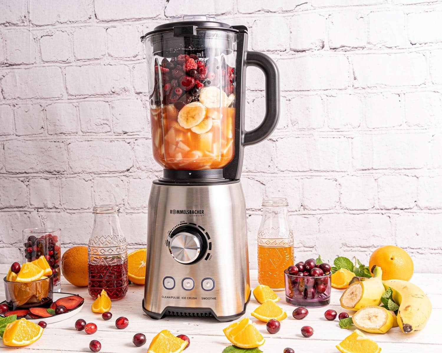 ROMMELSBACHER Batidora de pie MX 1250-22.000 U/Min, Stufenlose Drehzahlregulierung, Funktionsstasten (Smoothie, Clean/Pulse, Ice Crush), Glaskrug, Edelstahlgehäuse, Spezialmesser, 1200 Watt Cocina Naty Shop