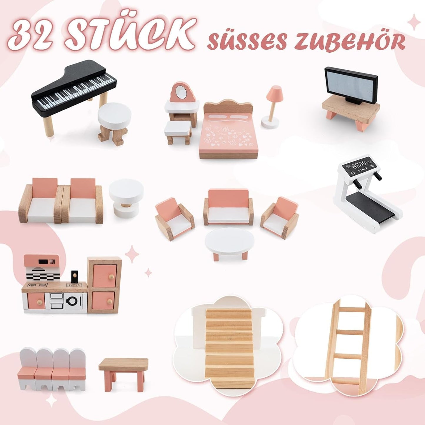 FANTASK Casa de Muñecas de Madera, Casa de Muñecas de 85 cm de Alto 7 Habitaciones con 32 Muebles y Accesorios, Casa de Muñecas con Escalera de Cuerda, Casa de Muñecas Regalo para Niñas de 3 Años (Modelo 3) Naty Shop Casas de Muñecas