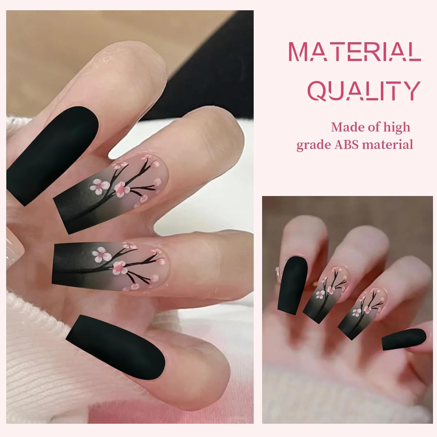 24 Uds. De uñas postizas negras de otoño, prensa francesa, flor rosa, uñas largas, pegamento en uñas postizas, juego de uñas postizas de otoño con accesorios