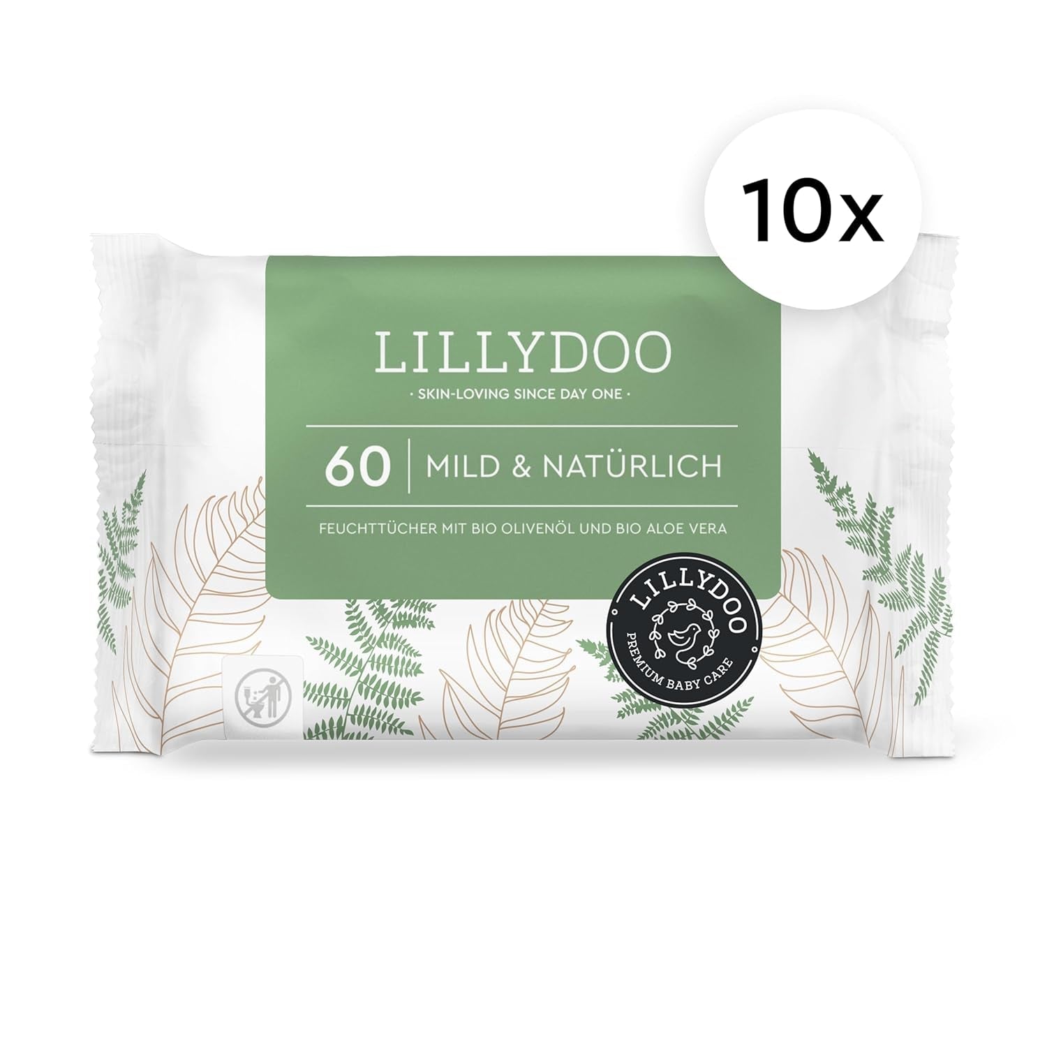 LILLYDOO Toallitas húmedas verdes, 600 unidades (10 x 60), toallitas 100 % libres de plástico, resistentes a desgarros, sin fragancia, suave y natural, limpieza suave para pieles sensibles, dermatológicamente probadas