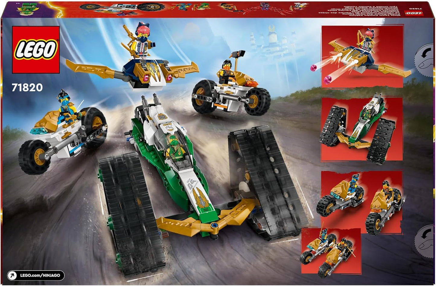 LEGO NINJAGO Ninja Team Combi Caterpillar Set 4 en 1 con planeador, coche de carreras y 2 motocicletas y 6 minifiguras Regalo para niños y niñas Ninja Toy 71820 Juegos de construcción Besuche den LEGO-Store