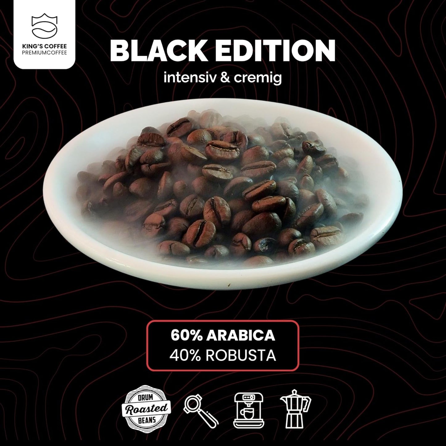 KING'S COFFEE - EDICIÓN NEGRA - 1 kg de granos de café de crema intensa - Café de baja acidez - Tostado en pequeños lotes de Italia - Fuertes granos de espresso Arábica (mezcla) para máquinas totalmente automáticas y con portafiltro
