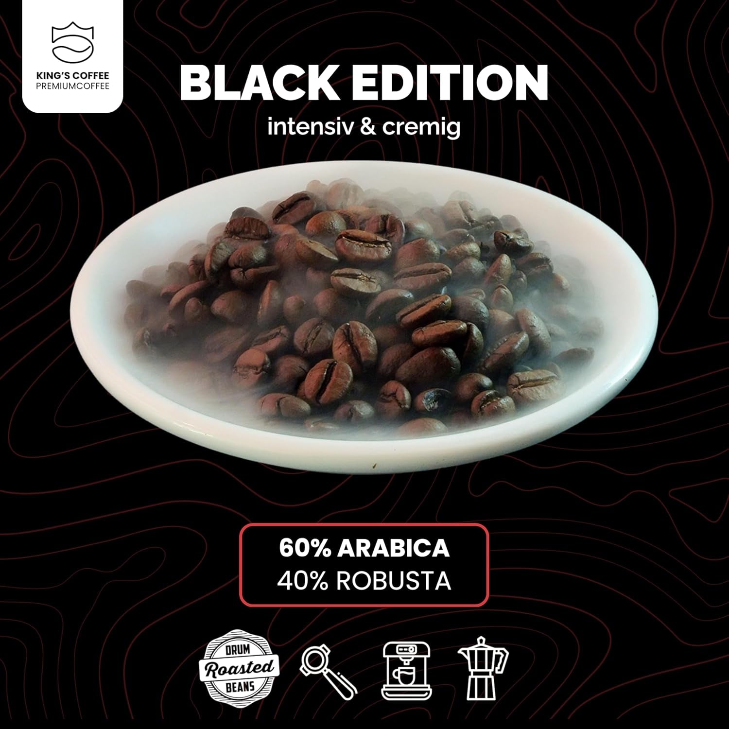 KING'S COFFEE - EDICIÓN NEGRA - 1 kg de granos de café de crema intensa - Café de baja acidez - Tostado en pequeños lotes de Italia - Fuertes granos de espresso Arábica (mezcla) para máquinas totalmente automáticas y con portafiltro