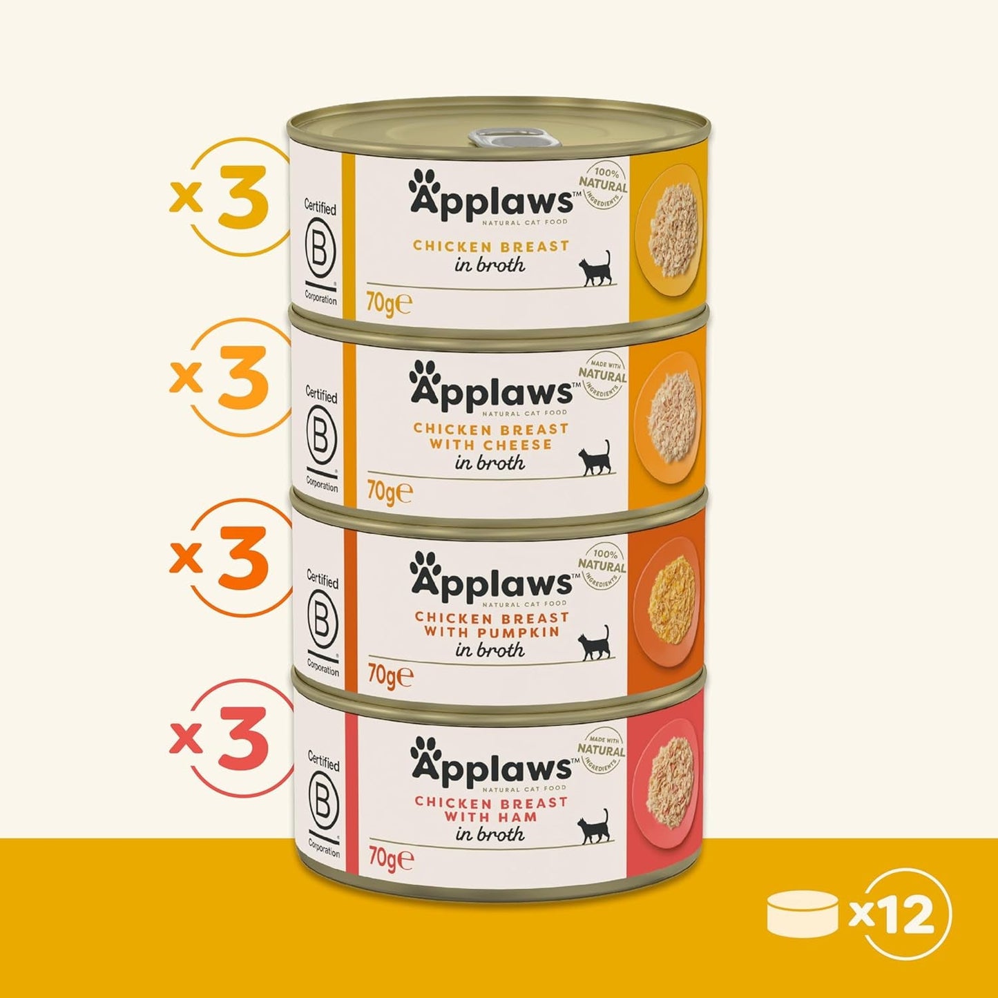 Applaws Selección de caldo de pollo para gatos adultos, alimento húmedo premium 100 % natural, paquete de 4 cajas (12 x 70 g)