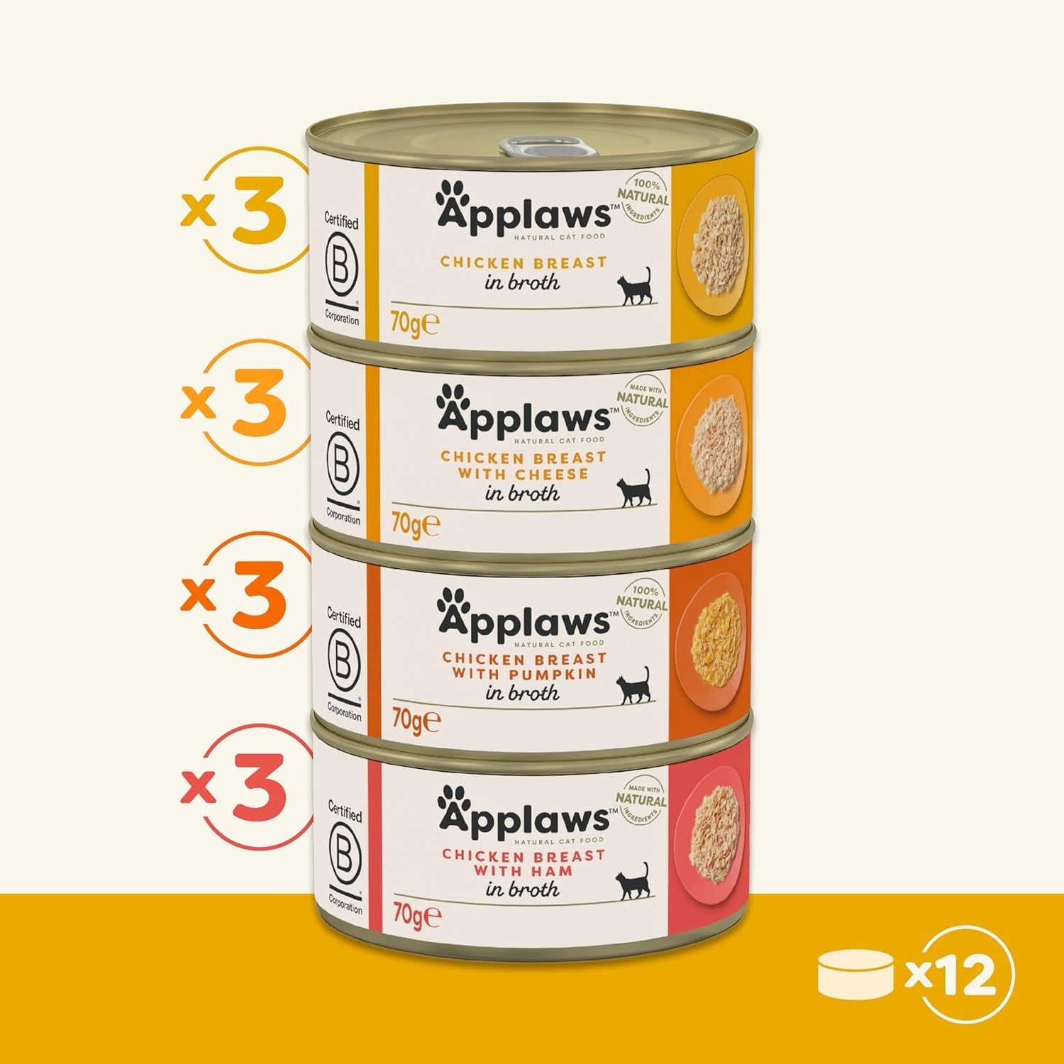 Applaws Selección de caldo de pollo para gatos adultos, alimento húmedo premium 100 % natural, paquete de 4 cajas (12 x 70 g)