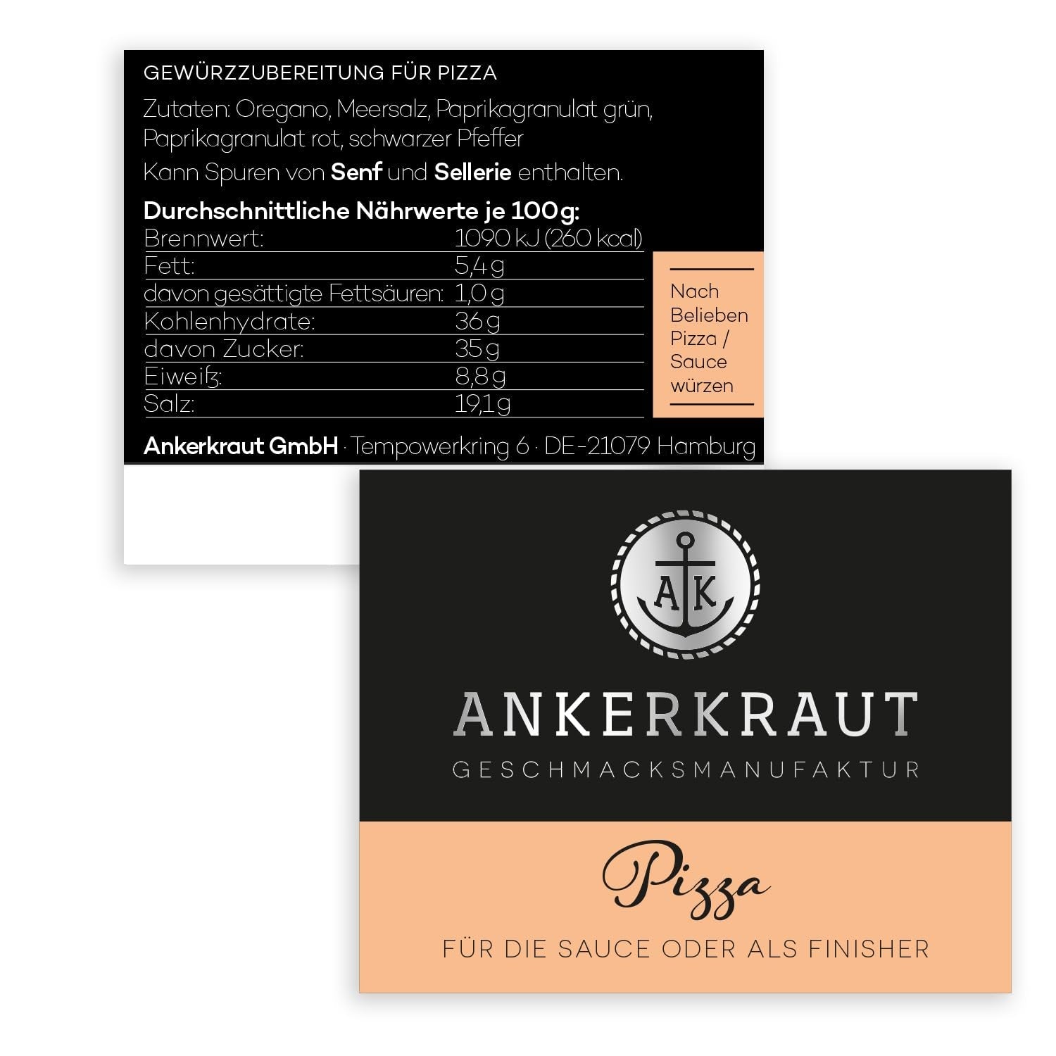Pizza Ankerkraut, para el sabor italiano original, como la de Steinofen, también para pasta, tomate-mozzarella y muchos otros platos, 45 g en vaso de corcho