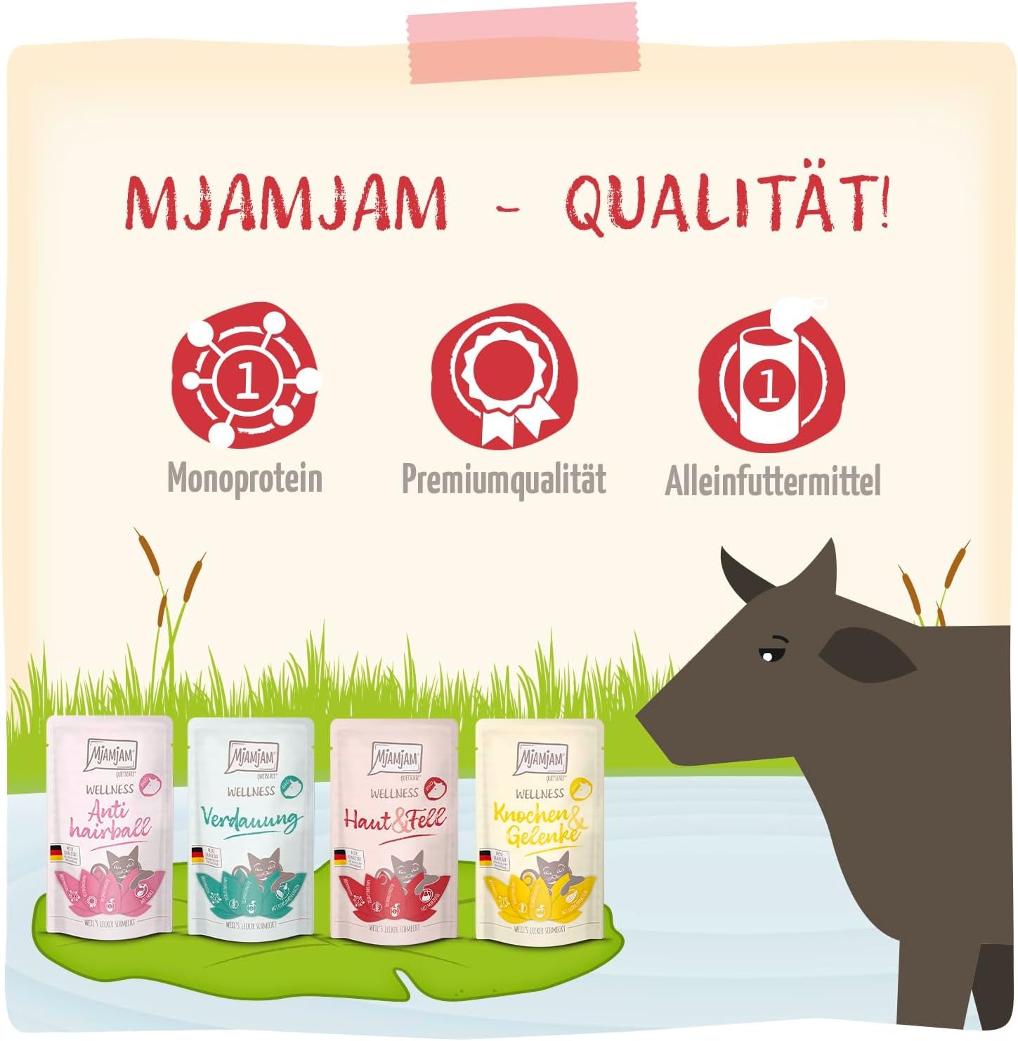 MjAMjAM - Comida húmeda premium para gatos - Wellness Pack Carne de vacuno, paquete de 12 (12 x 125 g), sin cereales y con carne extra