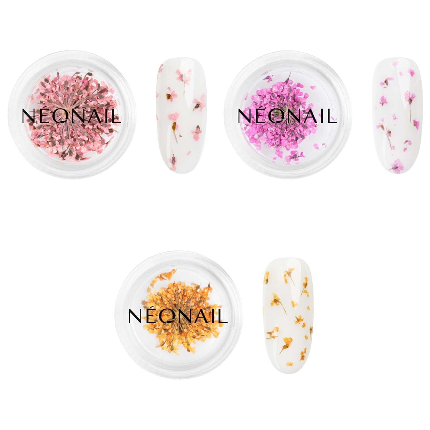 NÉONAIL Nail Art Flowers Set - Trockenblumen - Getrocknete Blumen - Nageldesign Zubehör - Nageldekorationen - Getrocknete Blüten - Decoración de uñas - Gelnägel Zubehör - 3 colores - Rosa, Lila, Naranja