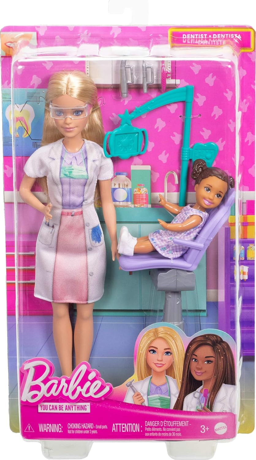 Muñeca Barbie Dentista, Muñeca de Moda con Cabello Rubio, Vestido Azul y Bata de Laboratorio, 1 Muñeca Infantil, Accesorios de Examen y Accesorios Surtidos, JCR74