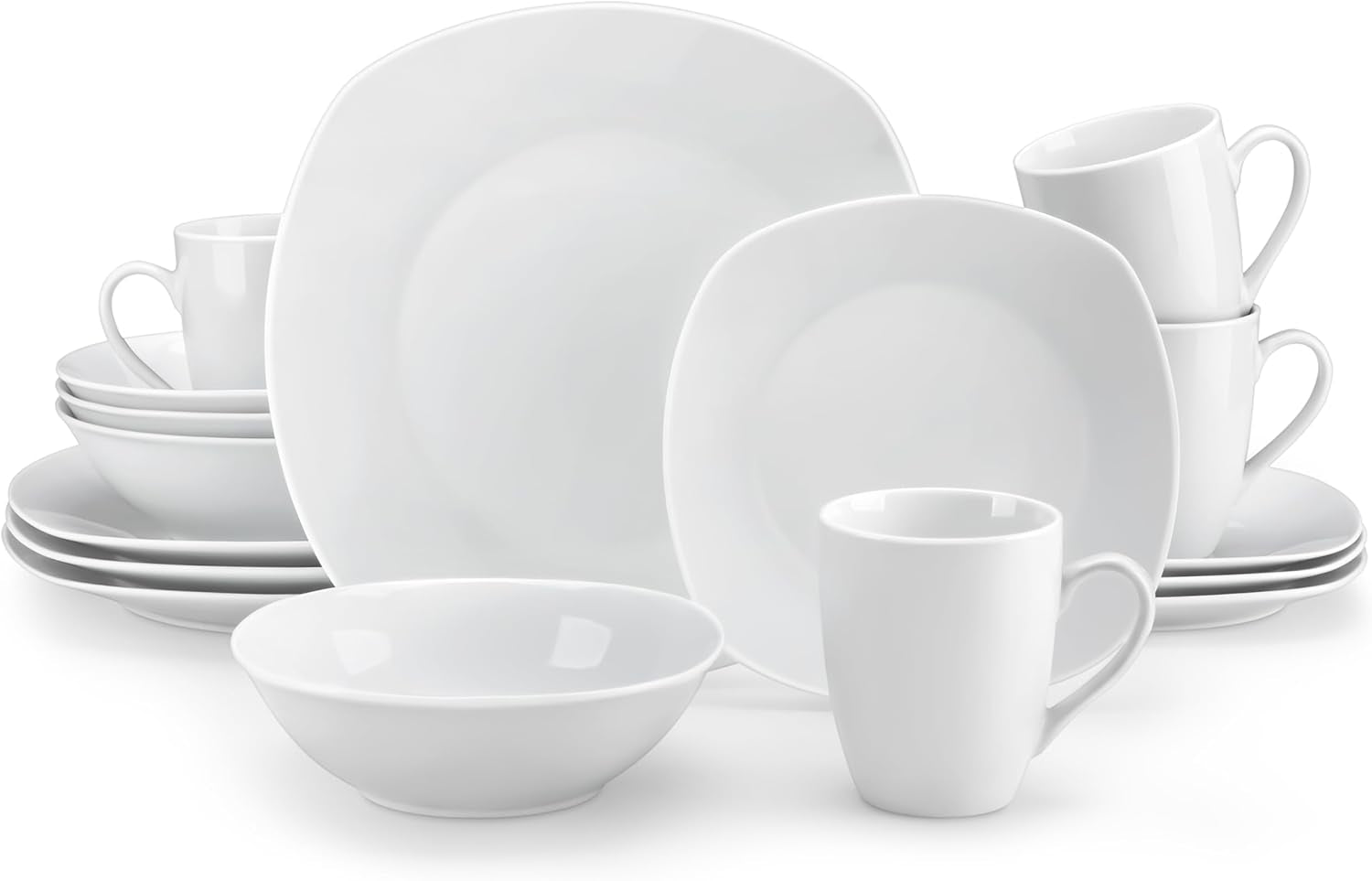 MALACASA Vajilla para 4, Vajilla de Porcelana Blanca de 16 Piezas, Vajilla Moderna con 4 Platos Llanos, Platos de Postre, Platos y Tazas Suma, Serie ELISA