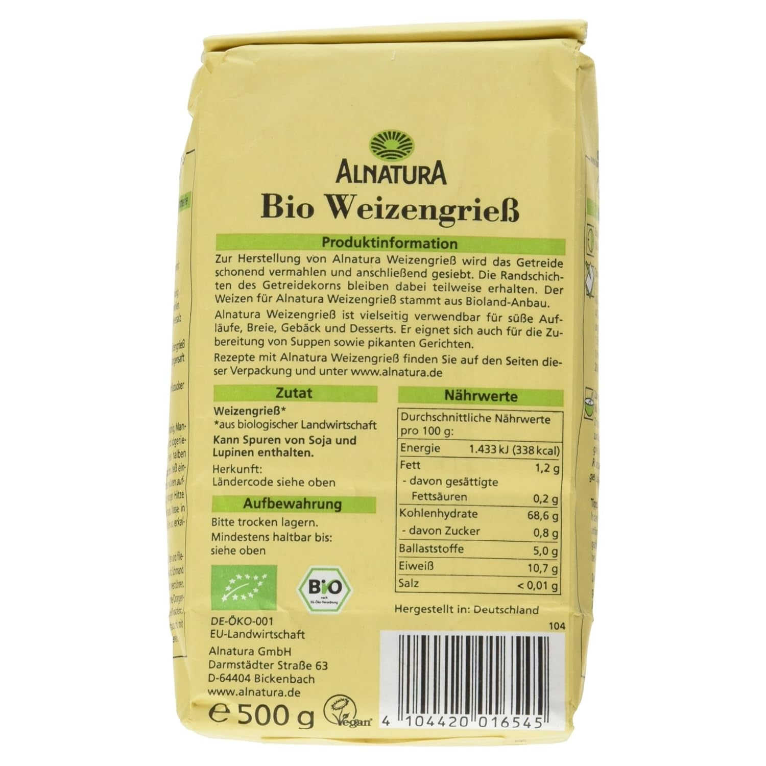 Sémola de trigo orgánica, 500 g (el empaque puede variar)