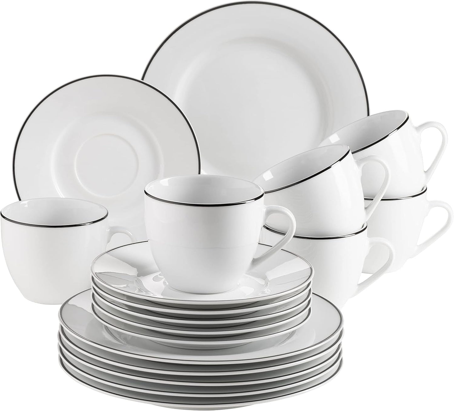 Mäser Serie Nola moderno servicio de café para 6 personas, blanco con borde negro, vajilla de 18 piezas, tazas de café, platillos y platos de postre, servicio de café redondo, juego de café blanco